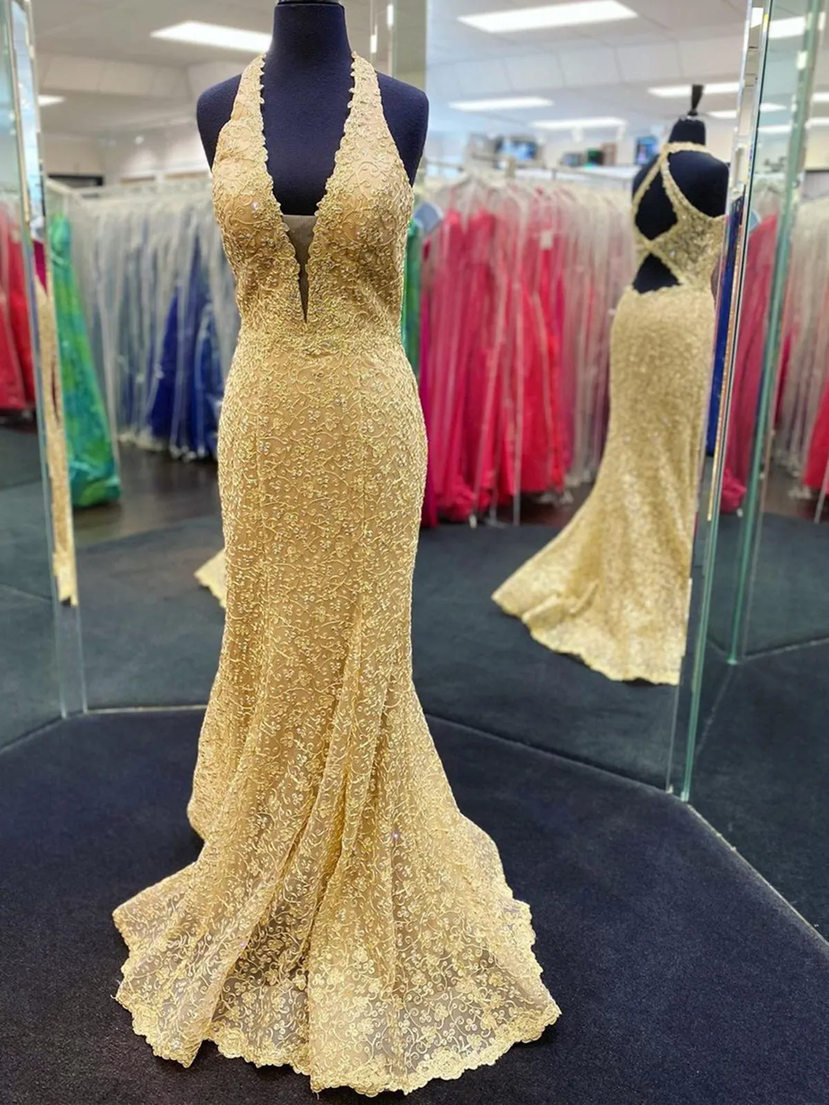 Mermaid V Neck Open Back Golden Lace Long Prom Dresses, Mermaid Golden Formal Dresses, Golden Lace Evening Dresses