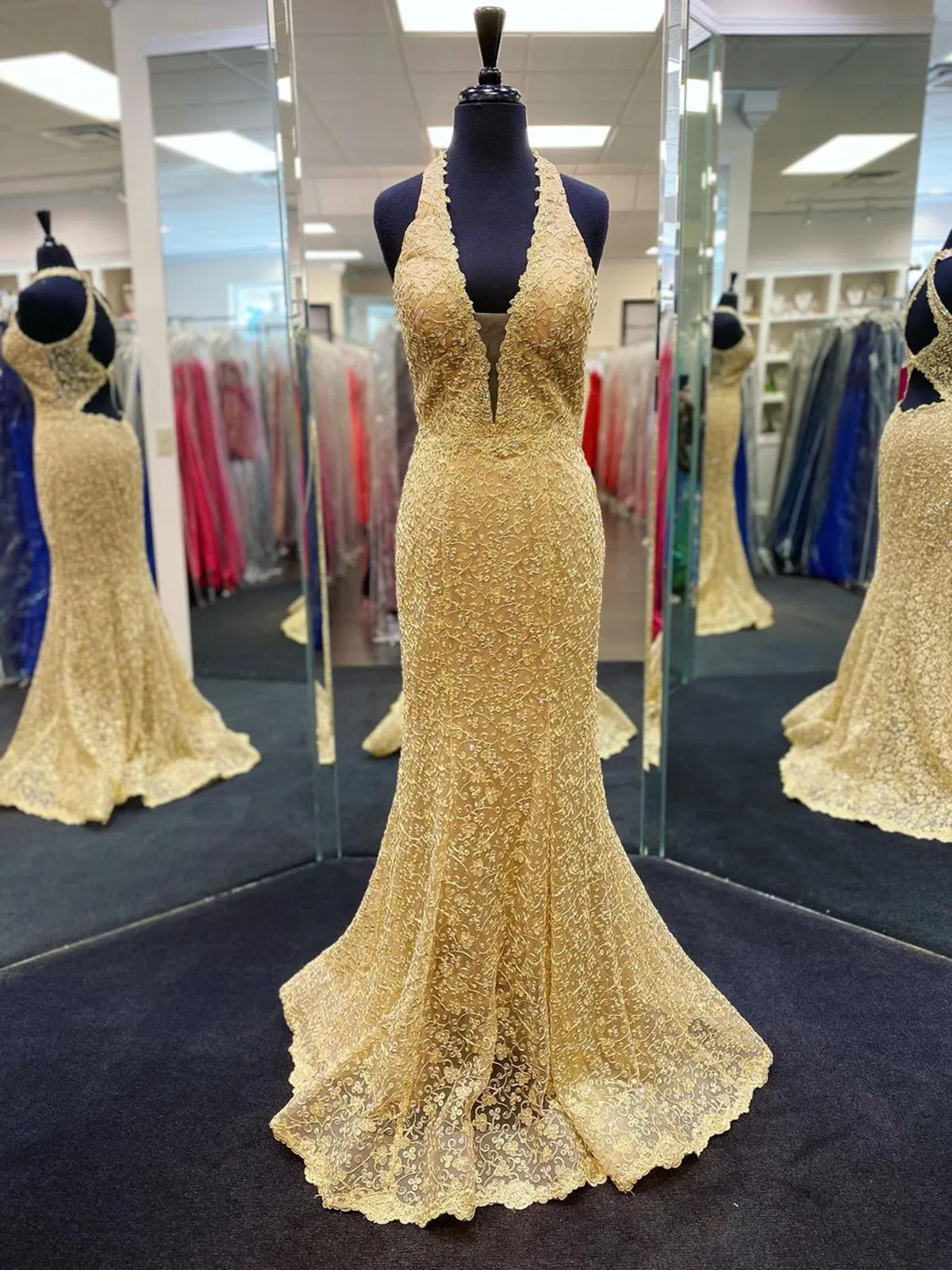 Mermaid V Neck Open Back Golden Lace Long Prom Dresses, Mermaid Golden Formal Dresses, Golden Lace Evening Dresses