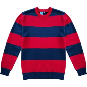 Navy Blue And Red Rugby Stripe Mens Cotton Crewneck Sweater