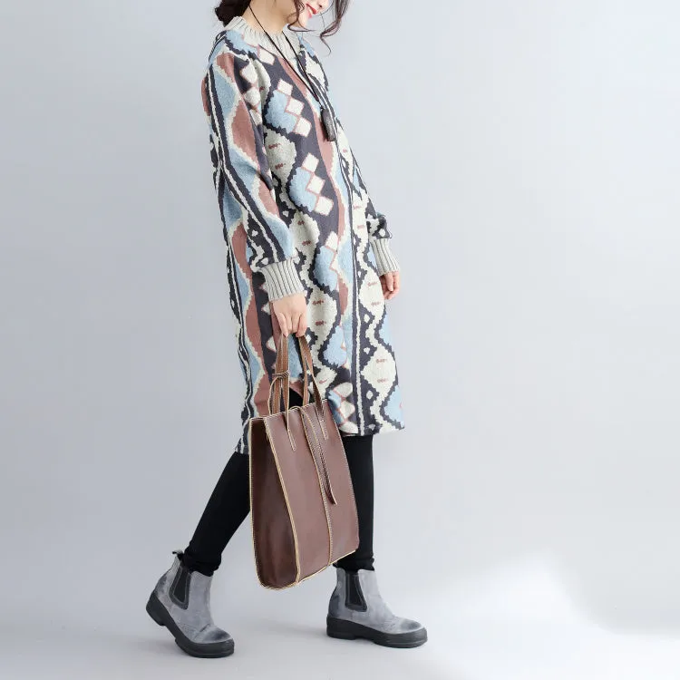 new khaki prints woolen sweater dresses oversize side open knit dress