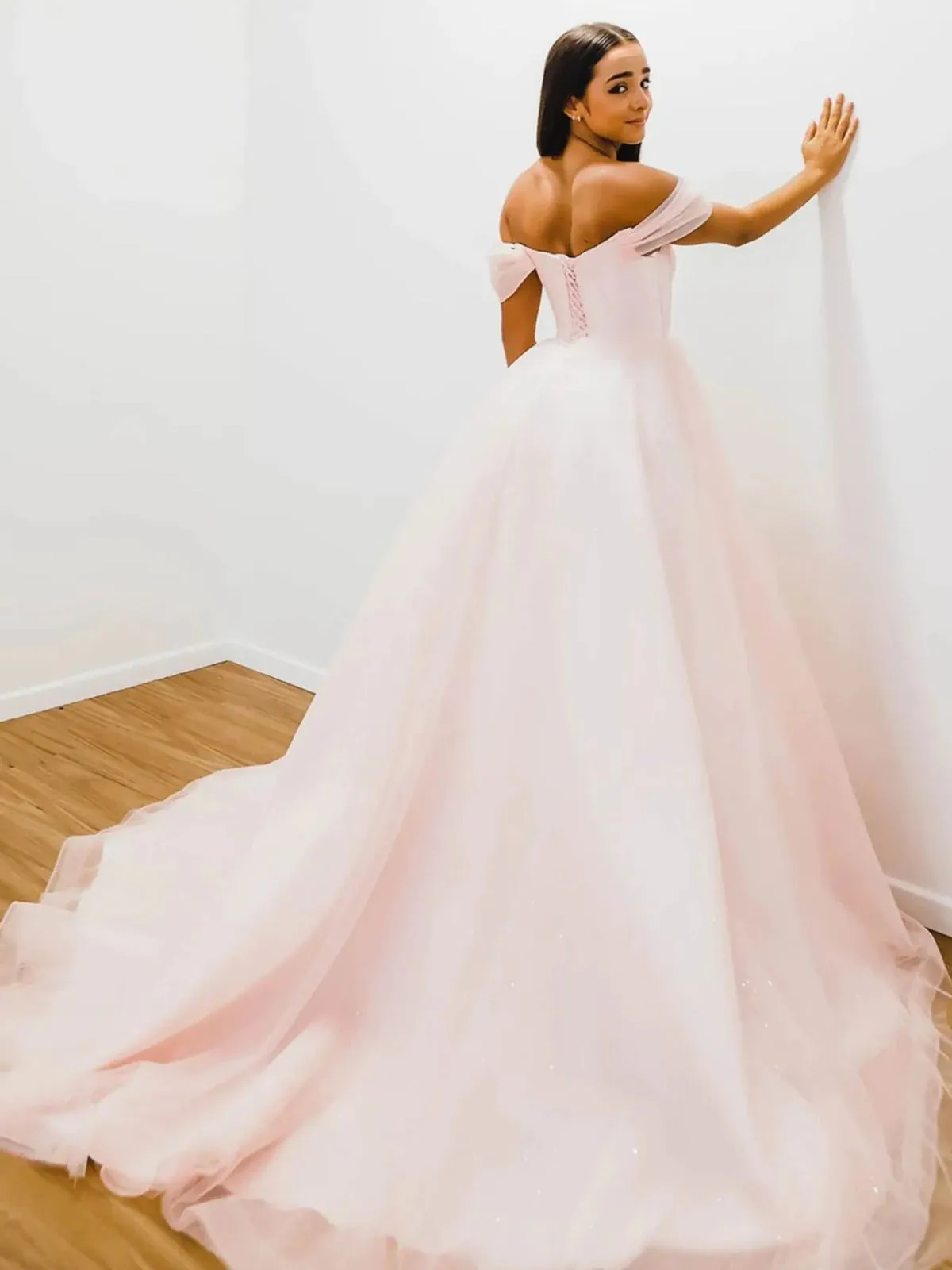 Off Shoulder Pink Tulle Long Prom Dresses, Pink Tulle Formal Graduation Evening Dresses