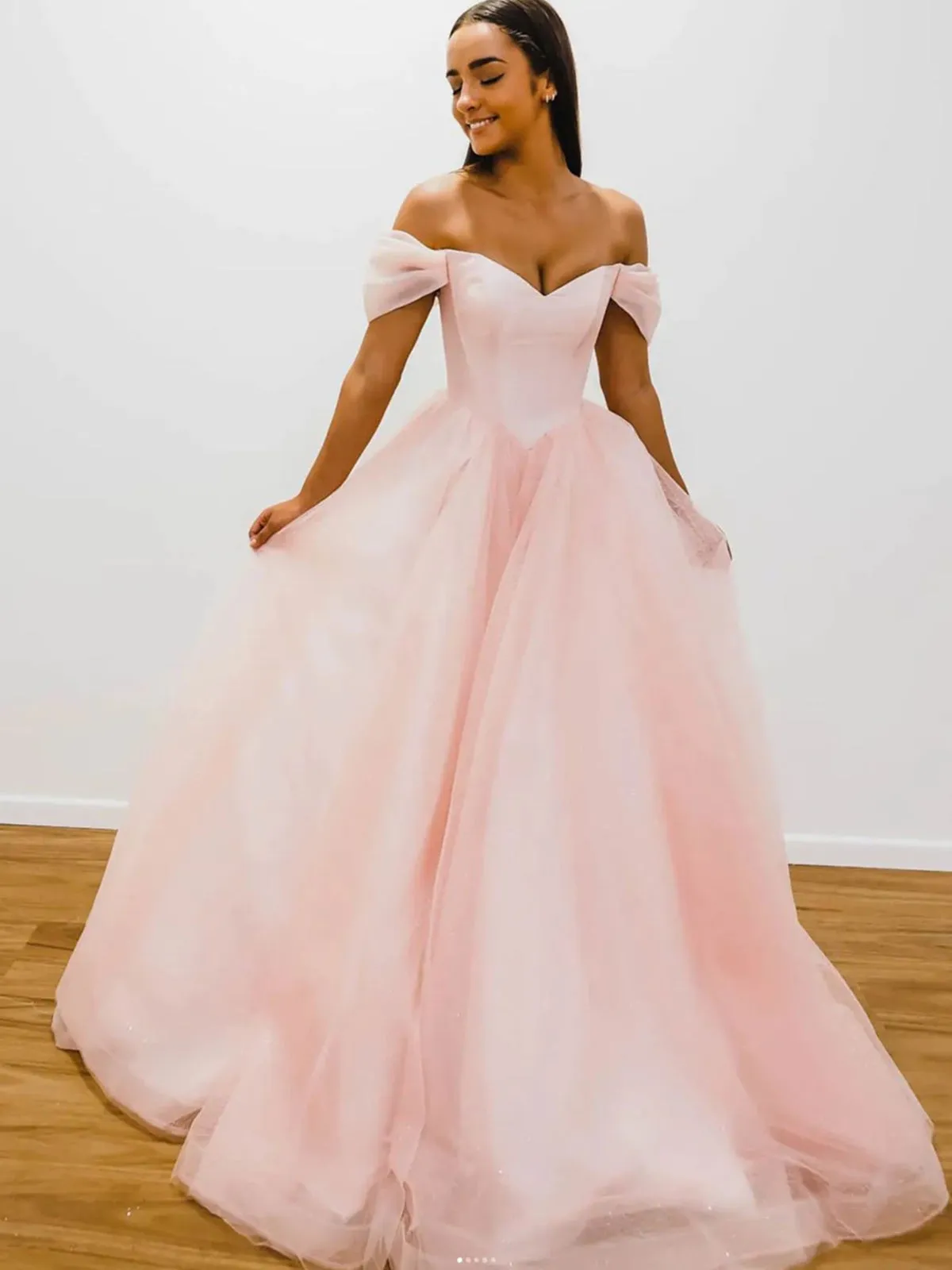 Off Shoulder Pink Tulle Long Prom Dresses, Pink Tulle Formal Graduation Evening Dresses