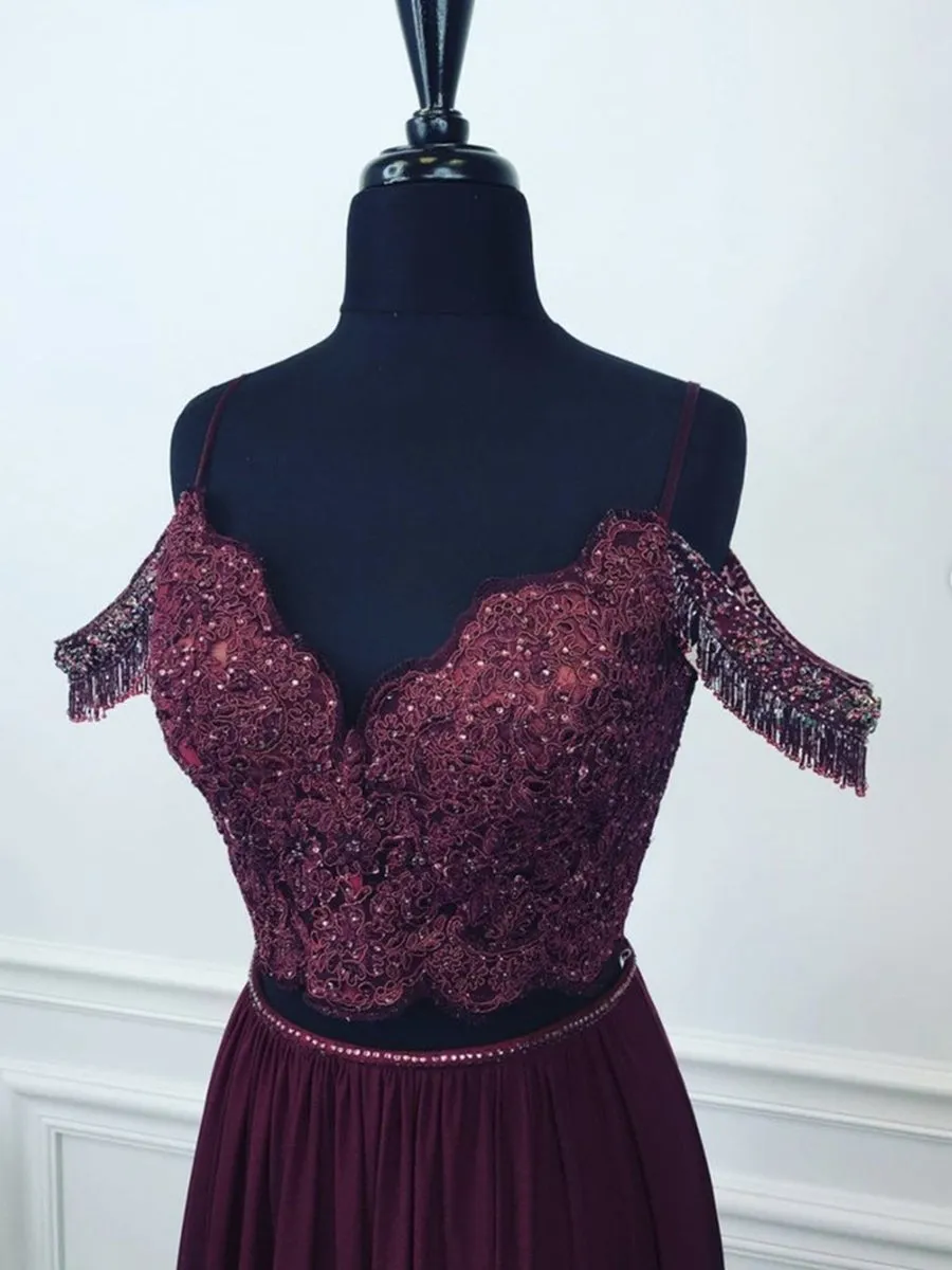 Off Shoulder Two Pieces Purple Lace Beaded Long Prom, 2 Pieces Purple Lace Formal Graduation Evening