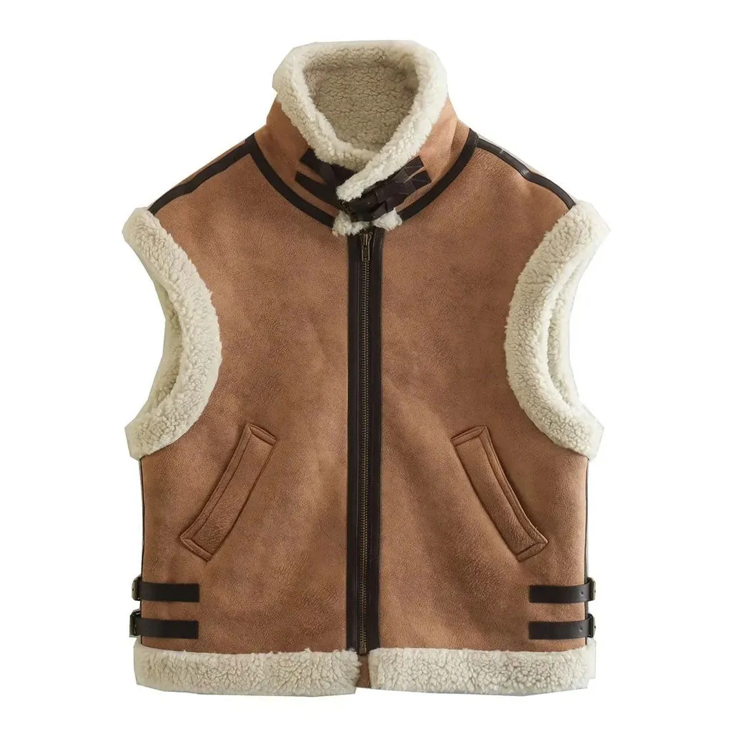 Oversized High Collar Buckle Strap Faux Leather Zip Up Contrast Aviator Vest