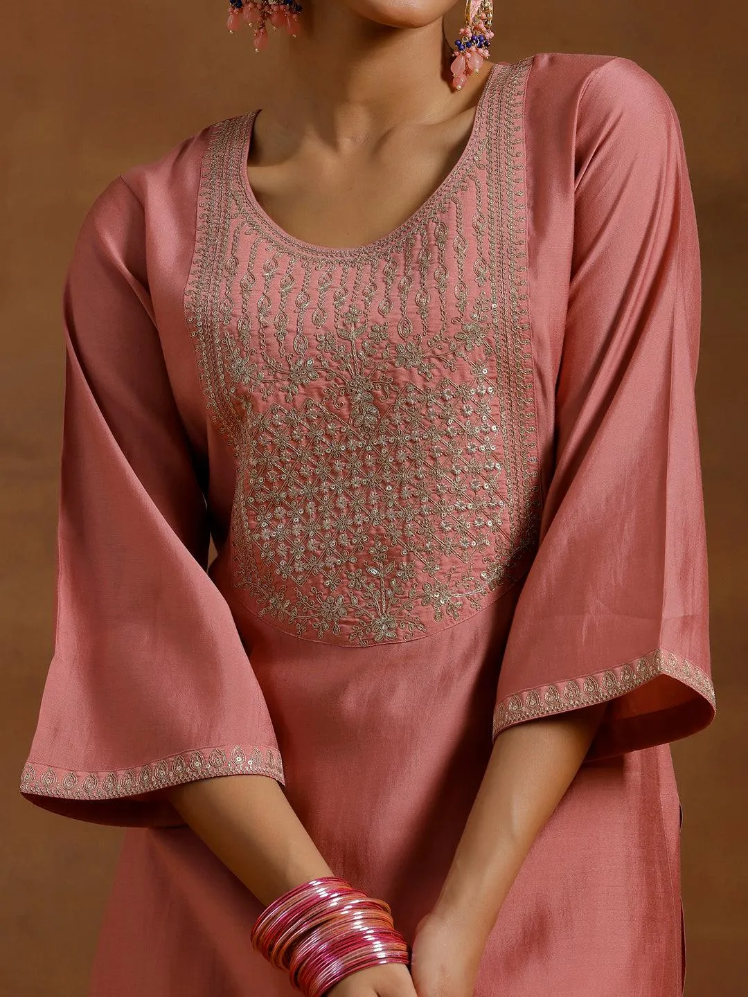 Peach Yoke Design Silk Blend Straight Suit With Dupatta