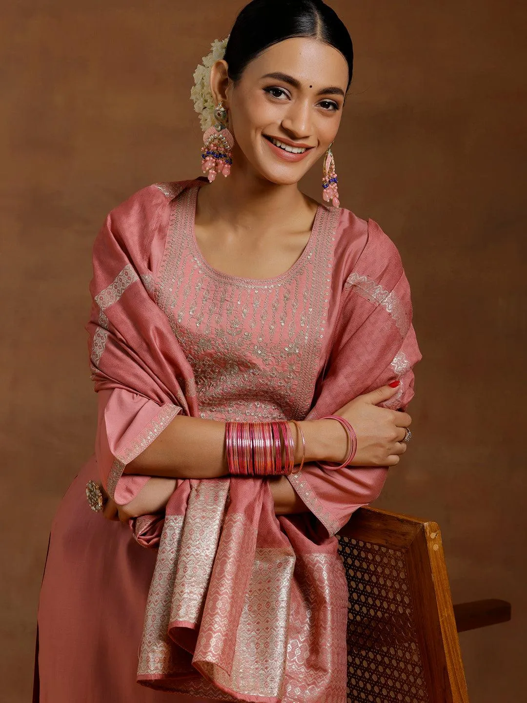 Peach Yoke Design Silk Blend Straight Suit With Dupatta