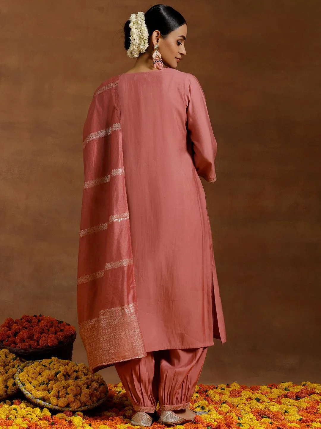 Peach Yoke Design Silk Blend Straight Suit With Dupatta