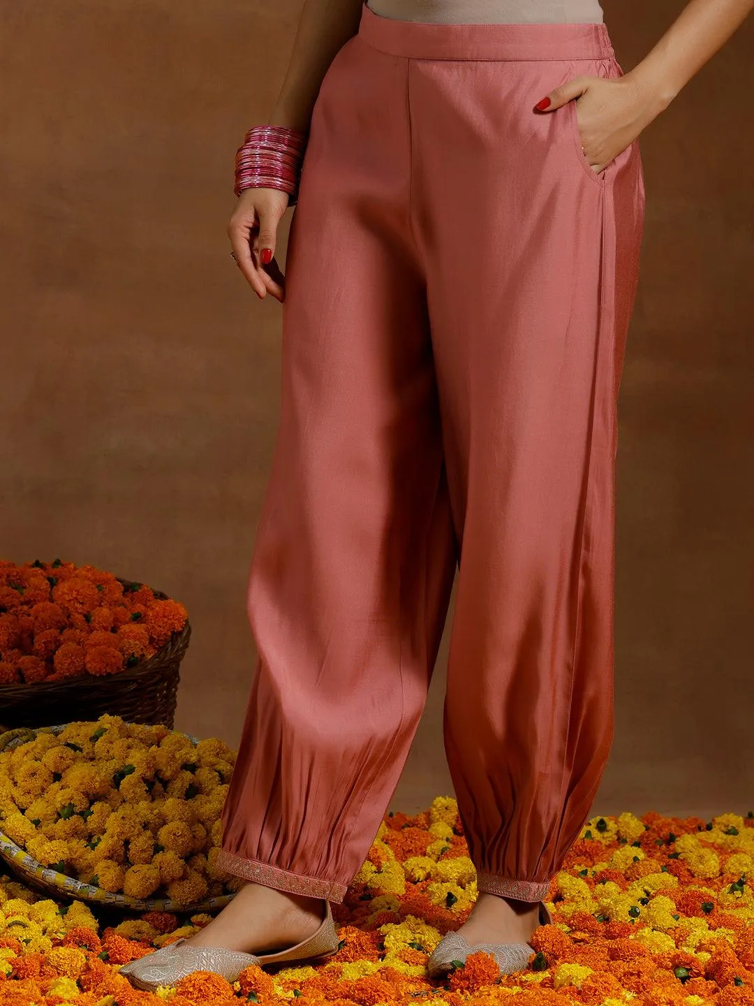 Peach Yoke Design Silk Blend Straight Suit With Dupatta