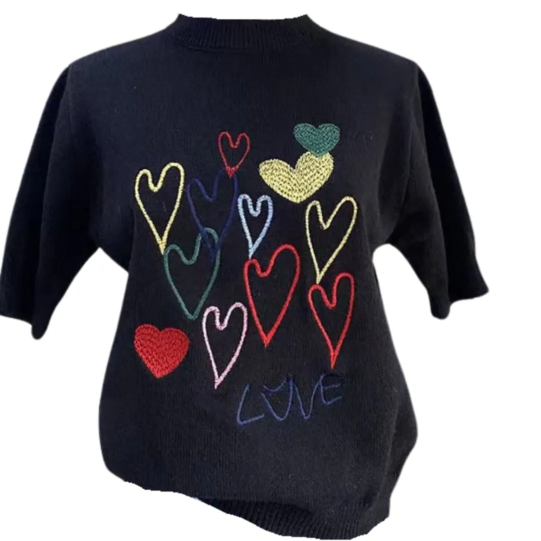 Pre Order:  Round Neck Loose Retro Heart Embroidery Knit T-Shirt