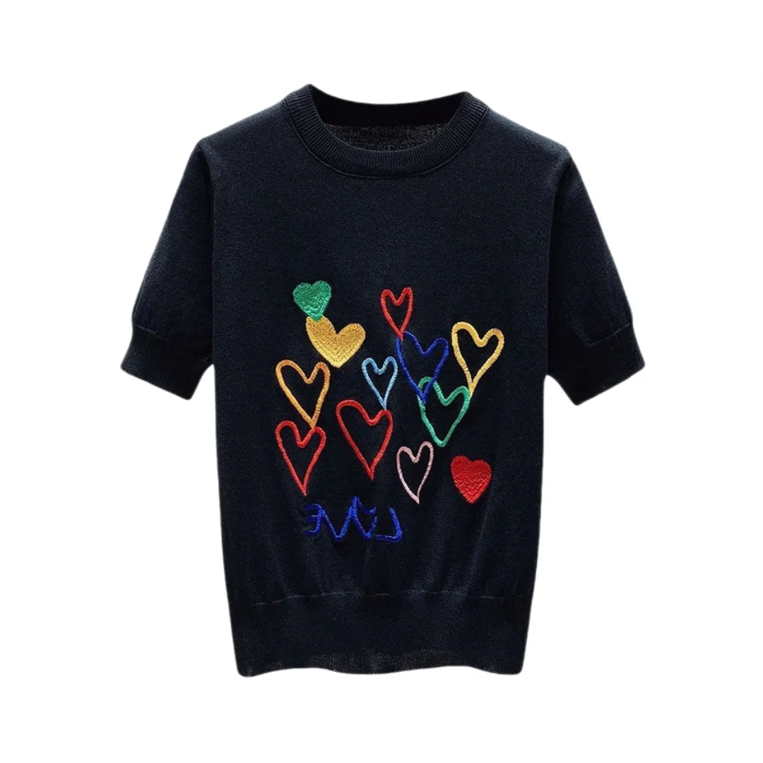 Pre Order:  Round Neck Loose Retro Heart Embroidery Knit T-Shirt