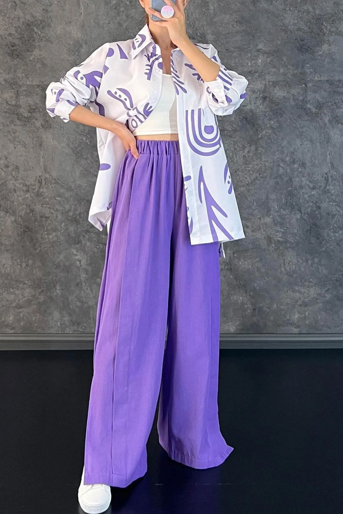 Printed Shirt Wide Leg Slit Long Pants Suits