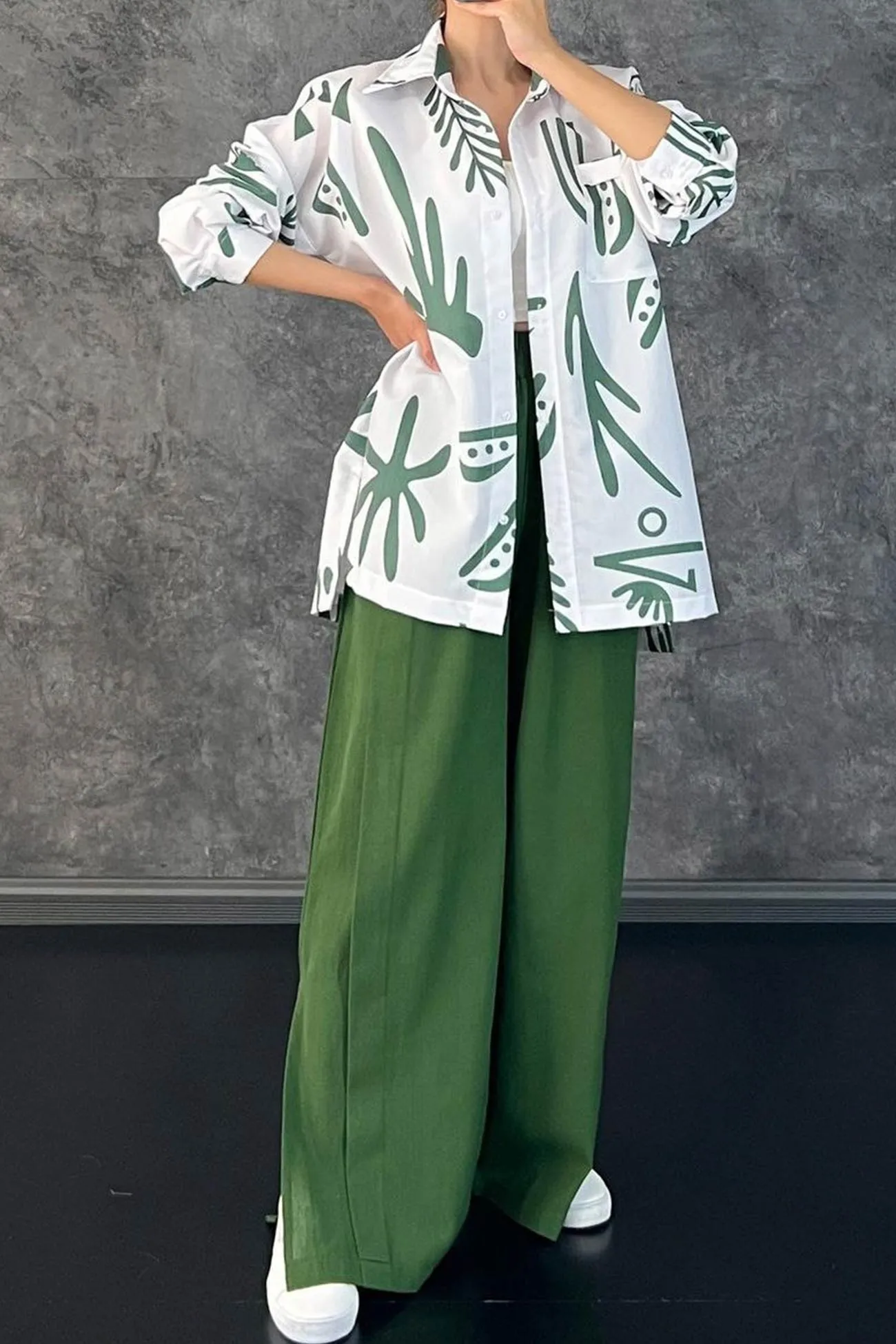 Printed Shirt Wide Leg Slit Long Pants Suits