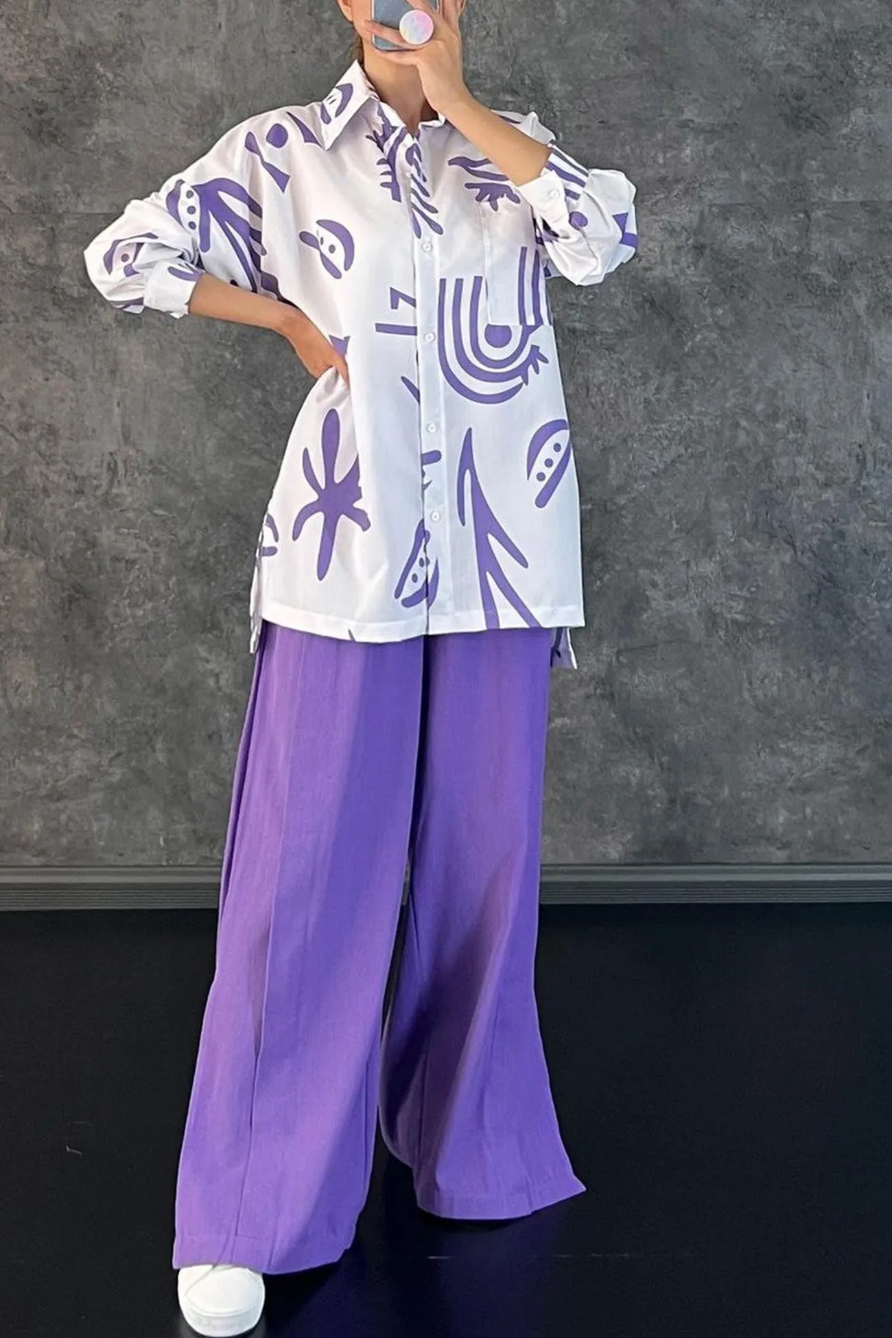 Printed Shirt Wide Leg Slit Long Pants Suits