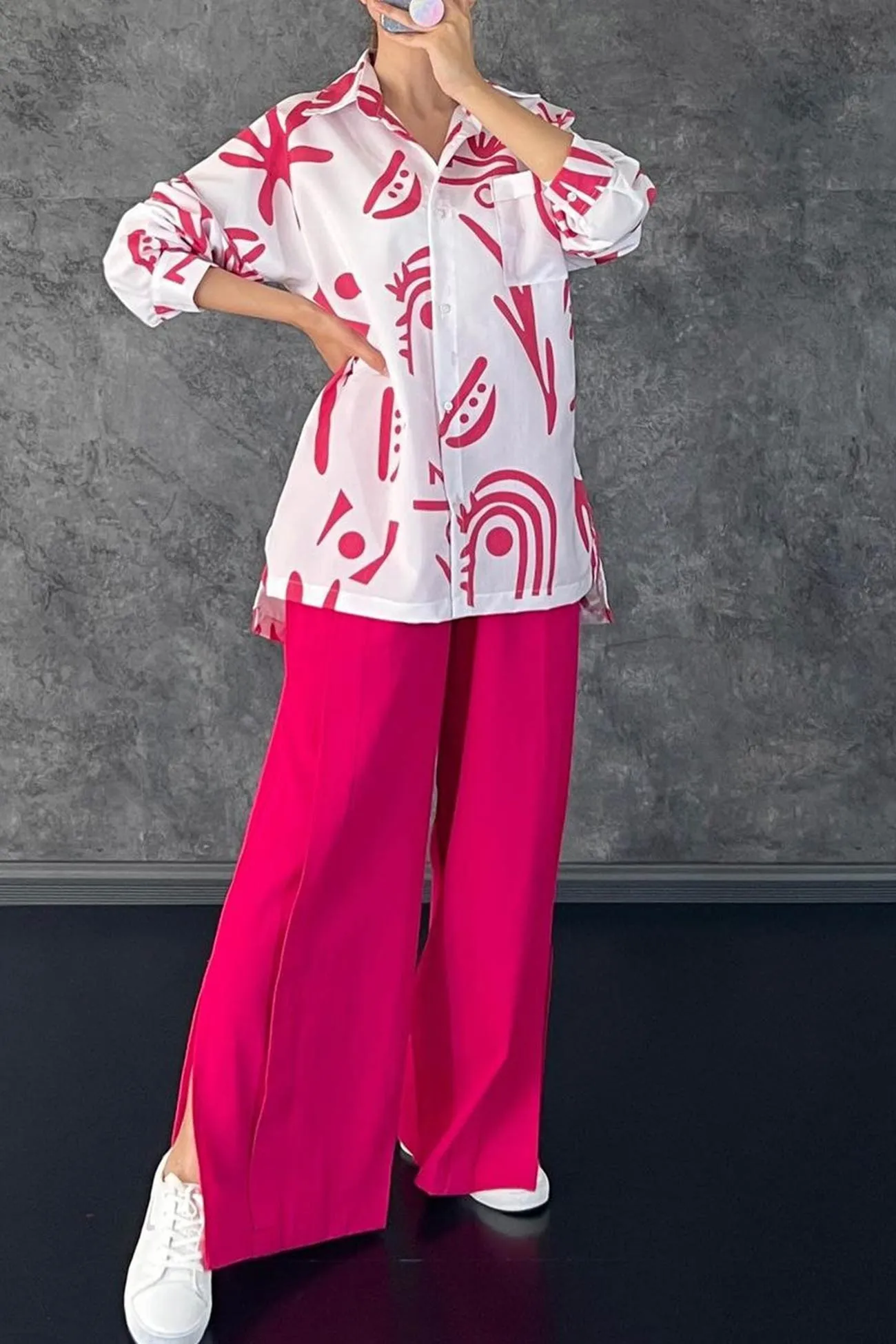 Printed Shirt Wide Leg Slit Long Pants Suits