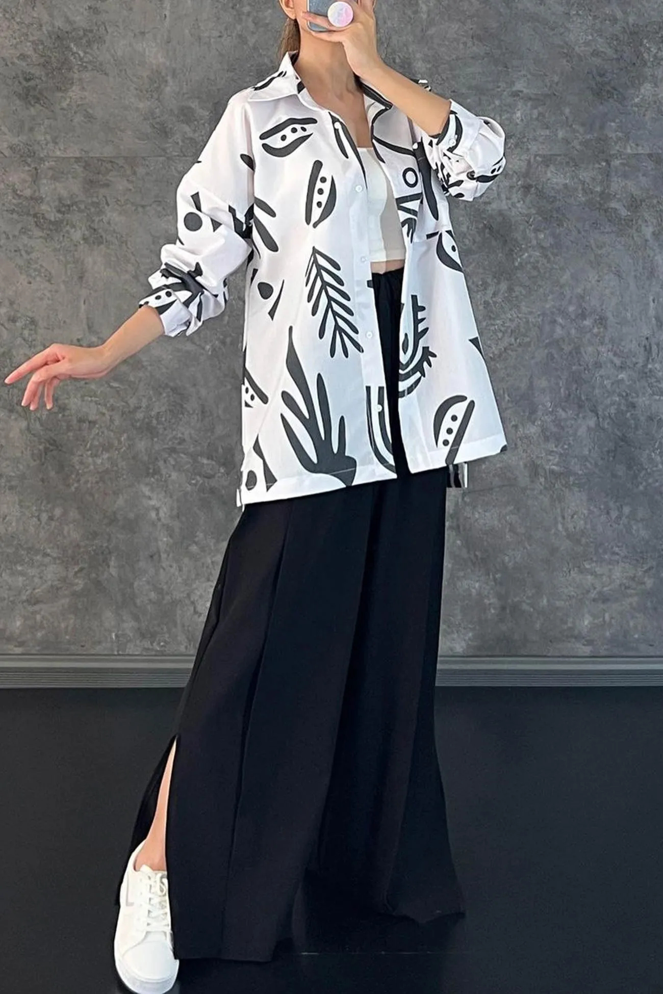 Printed Shirt Wide Leg Slit Long Pants Suits