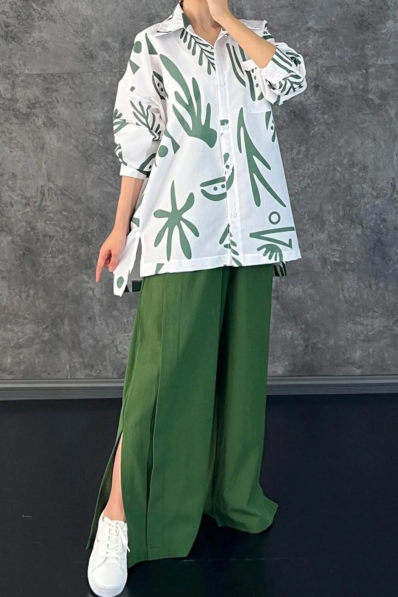 Printed Shirt Wide Leg Slit Long Pants Suits