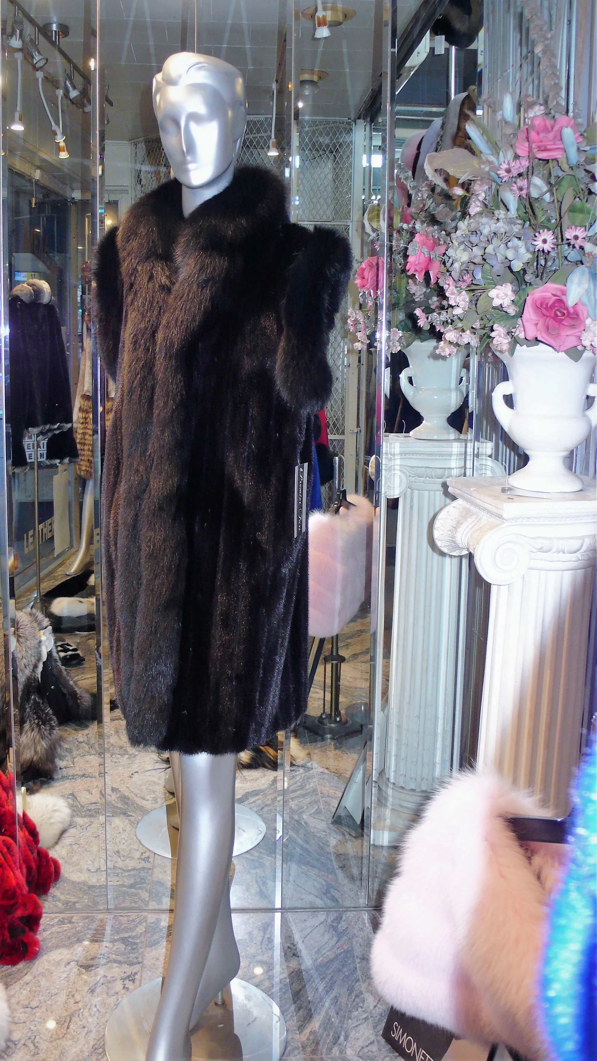 Ranch Mink Fur Long Vest with Black Fox Fur Tuxedo and Trim