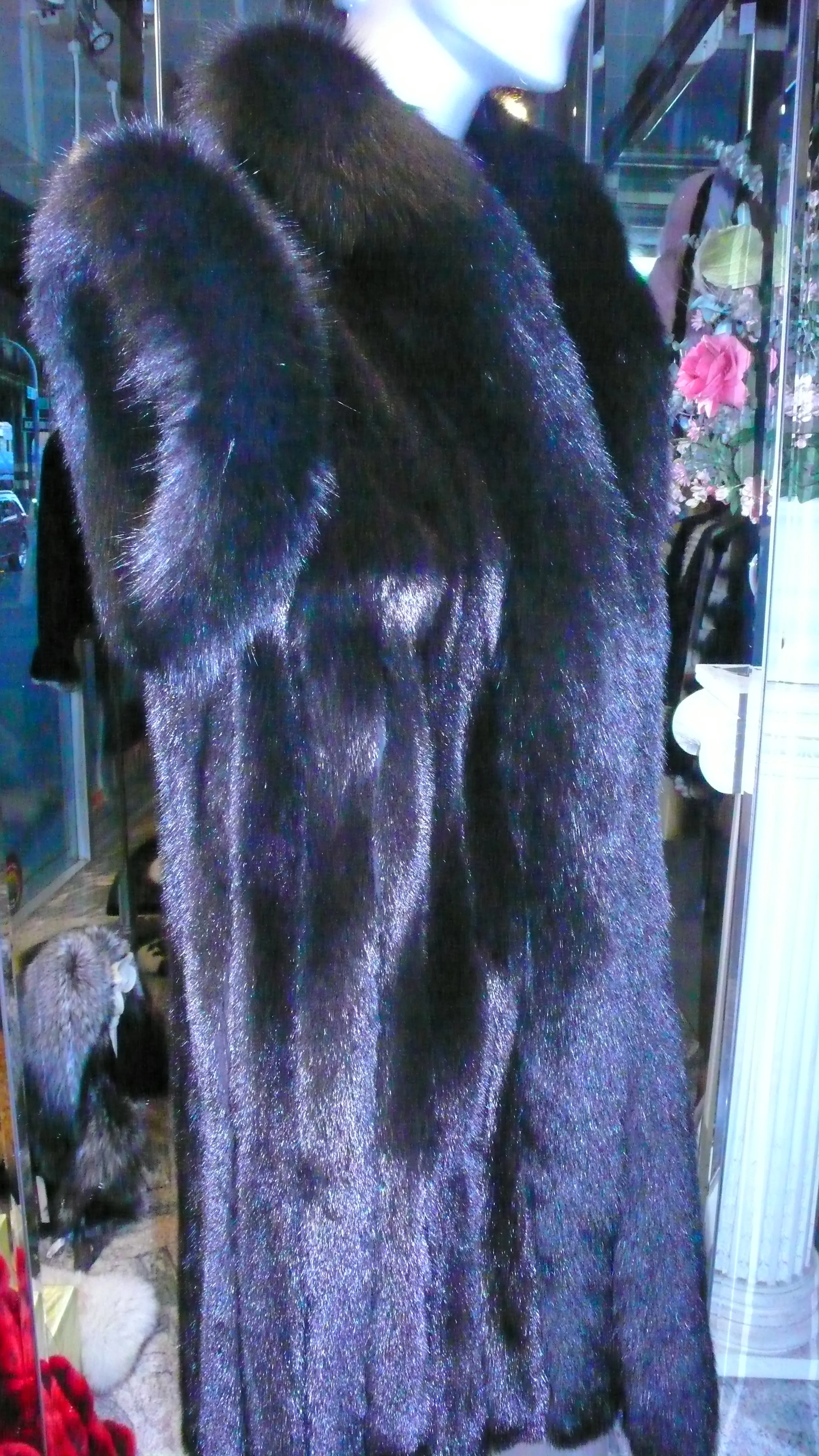 Ranch Mink Fur Long Vest with Black Fox Fur Tuxedo and Trim