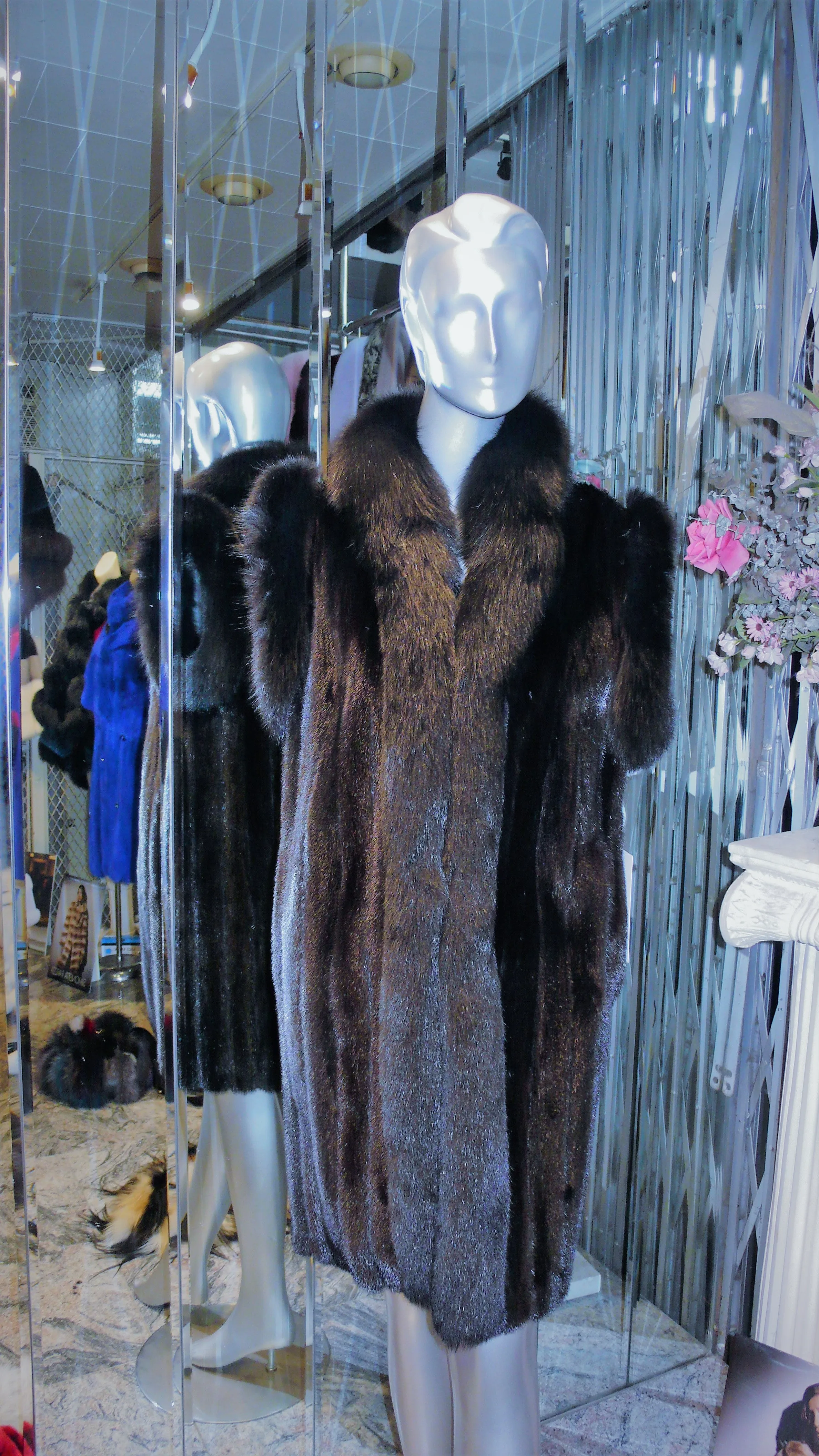 Ranch Mink Fur Long Vest with Black Fox Fur Tuxedo and Trim