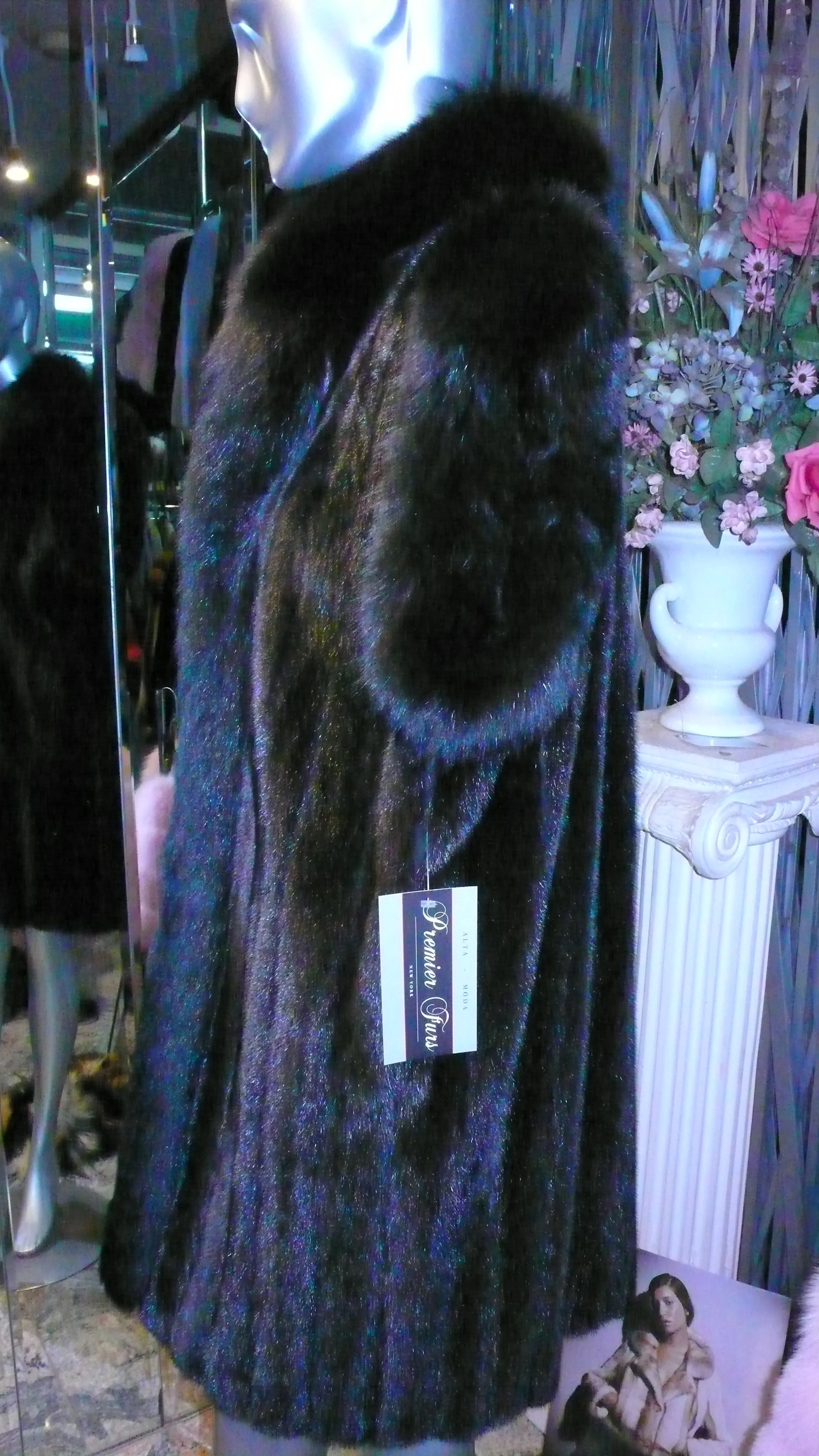 Ranch Mink Fur Long Vest with Black Fox Fur Tuxedo and Trim