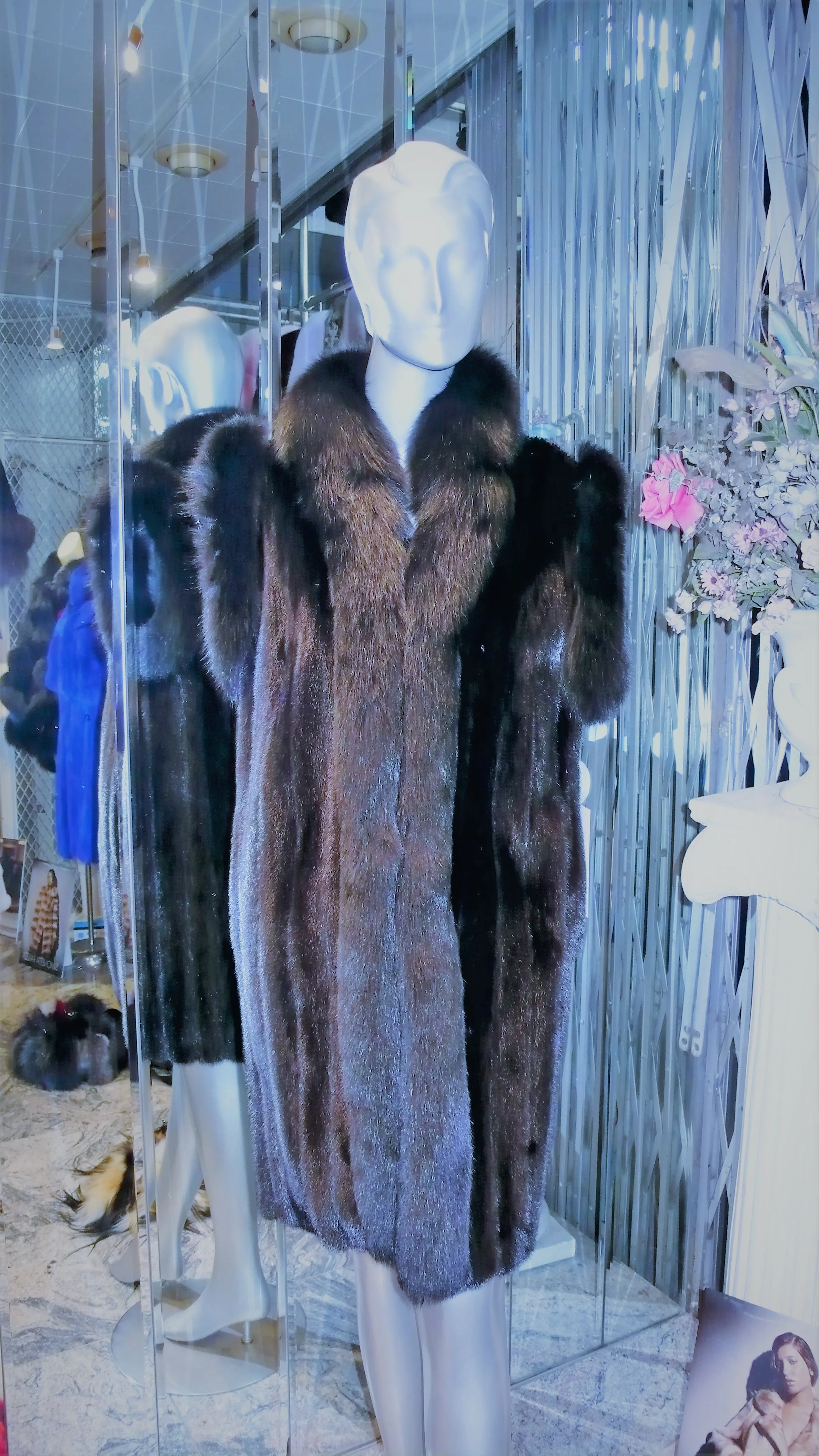 Ranch Mink Fur Long Vest with Black Fox Fur Tuxedo and Trim