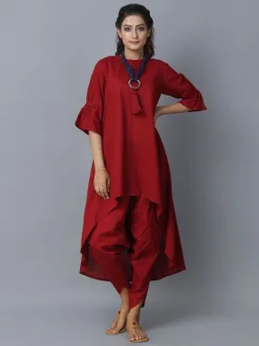 Red Cotton Kurta With Dhoti Pants