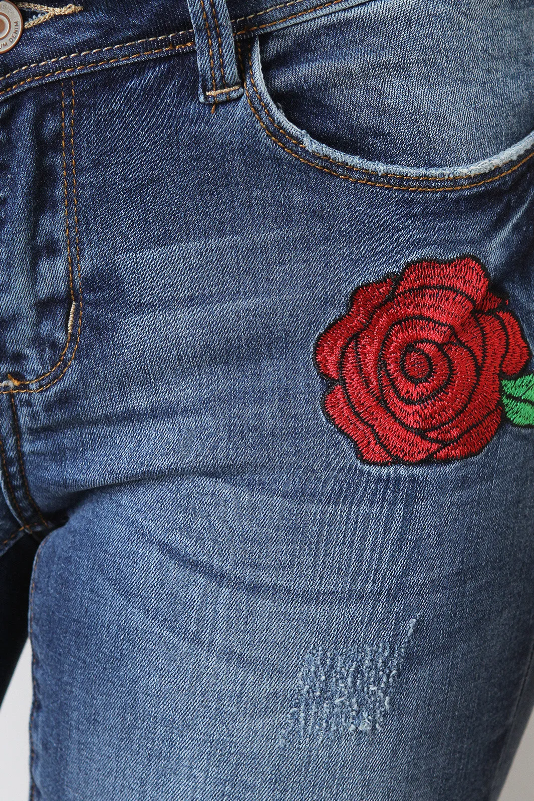 Rose Embroidery Slightly Distressed Jeans