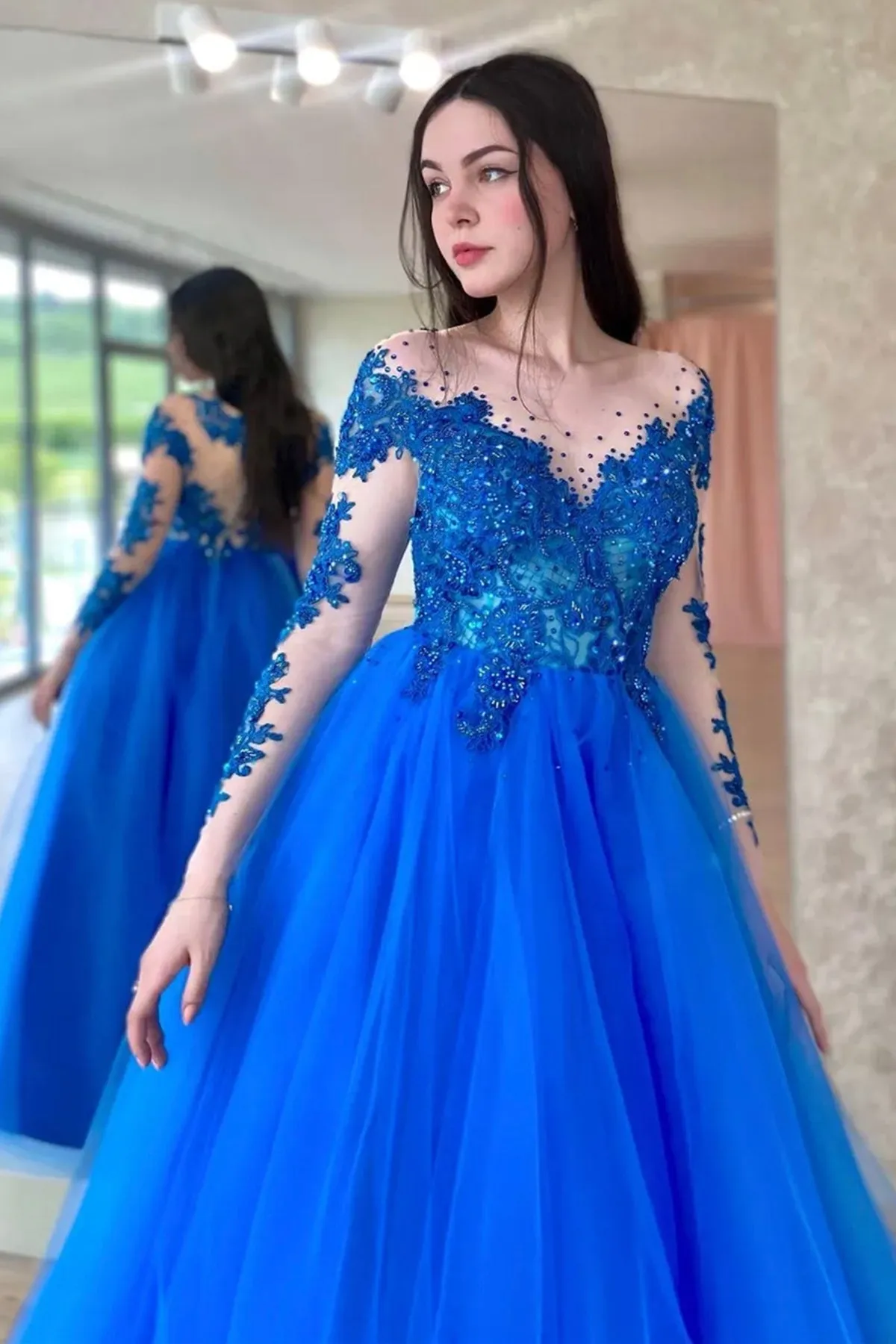 Round Neck Long Sleeves Beaded Blue Lace Long Prom Dress, Blue Lace Formal Dress, Blue Evening Dress A1763