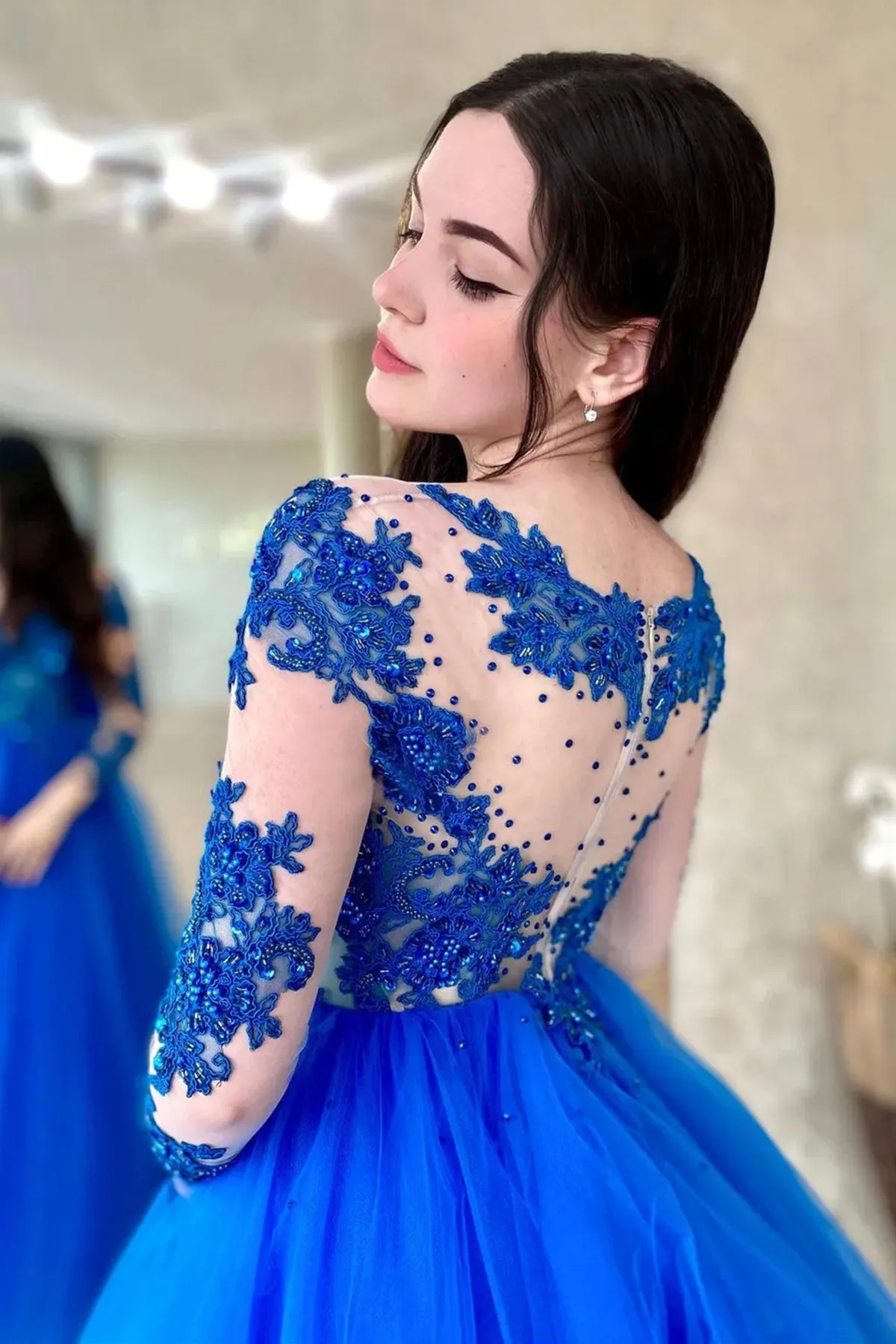 Round Neck Long Sleeves Beaded Blue Lace Long Prom Dress, Blue Lace Formal Dress, Blue Evening Dress A1763