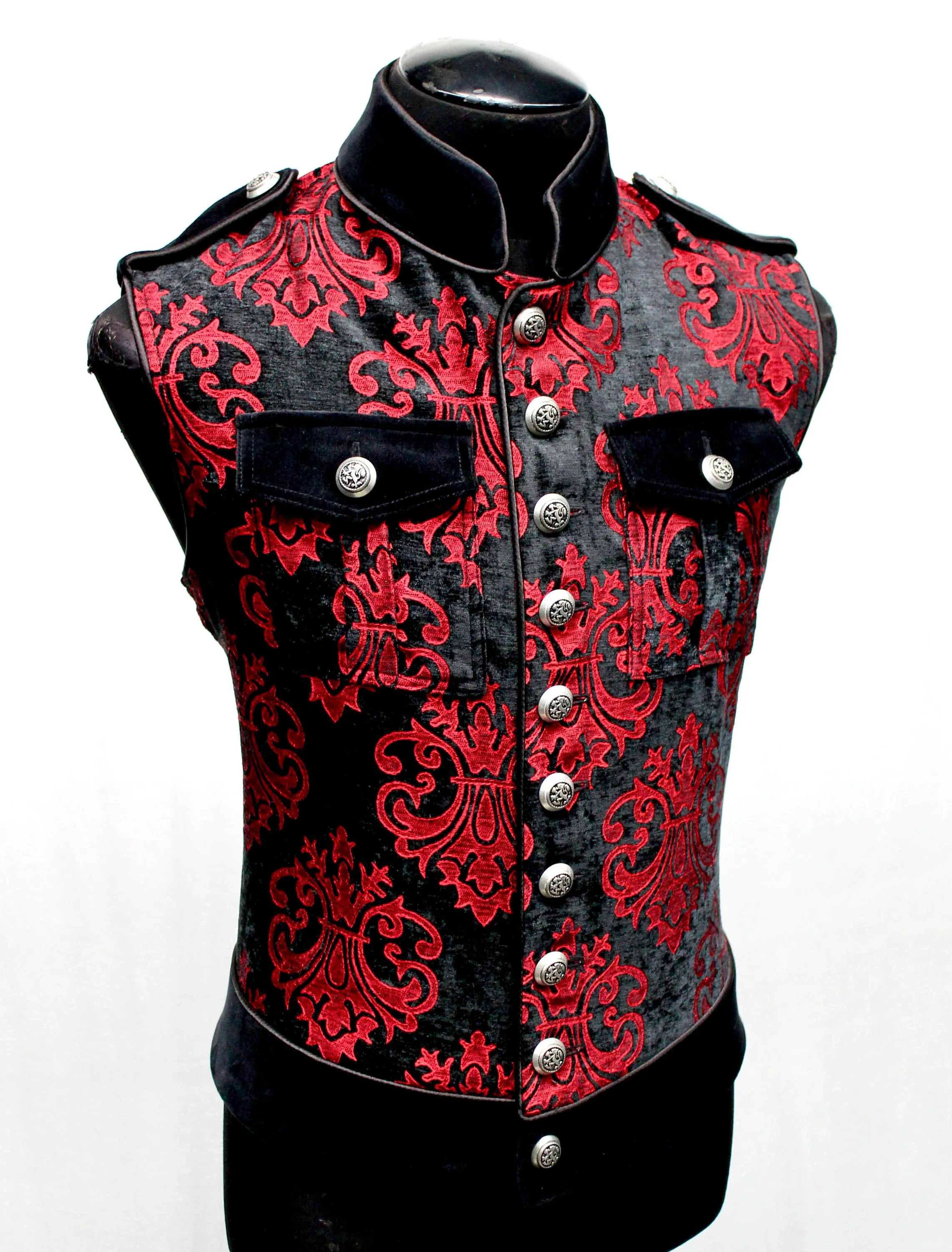 ROYAL MARINE VEST -Red On Black Velvet Brocade