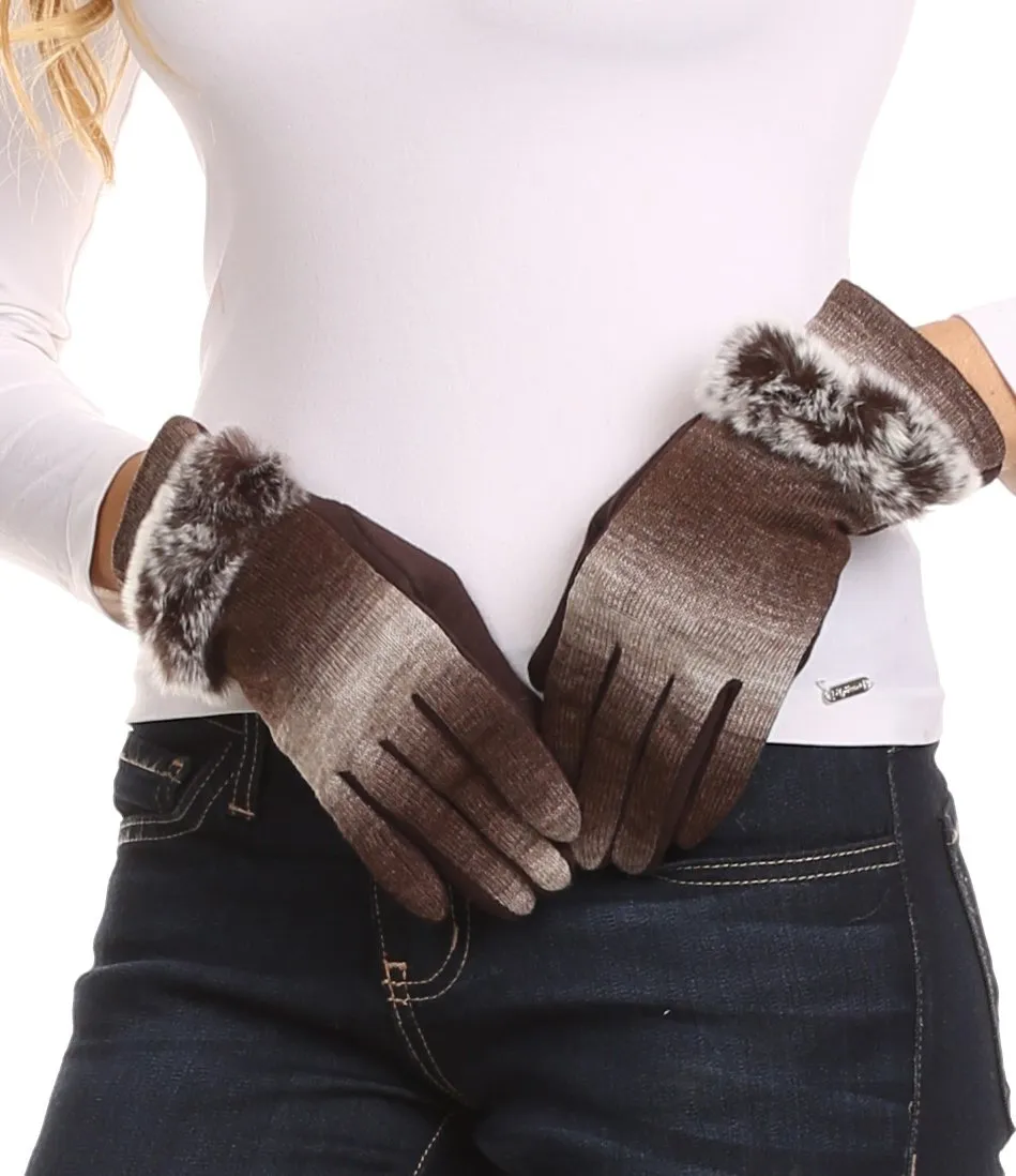 Sakkas Sophie Ombre Knitted Faux Fur Wrist Band Touch Screen Capable Gloves