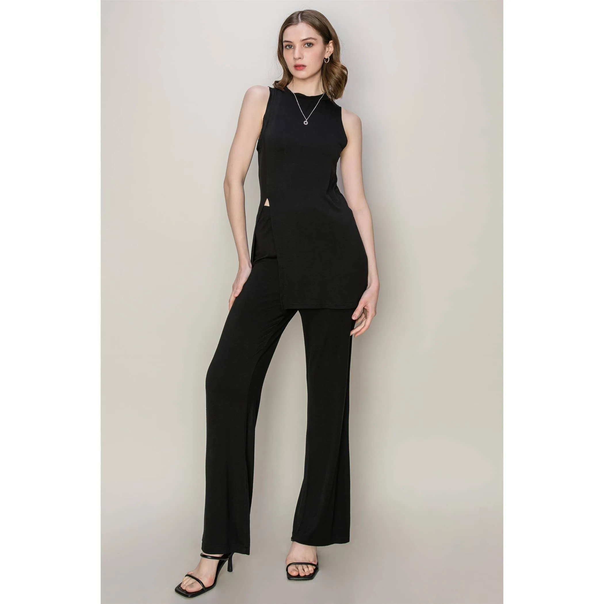 SET-JERSEY LONGLINE TOP AND PANTS SET: BLACK