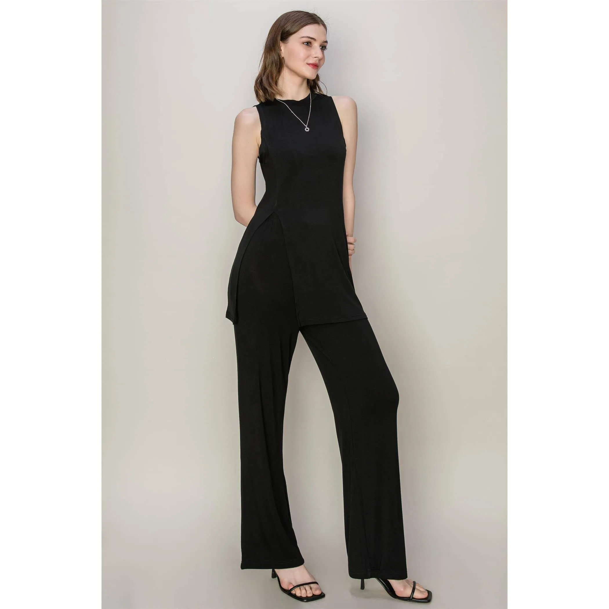 SET-JERSEY LONGLINE TOP AND PANTS SET: BLACK