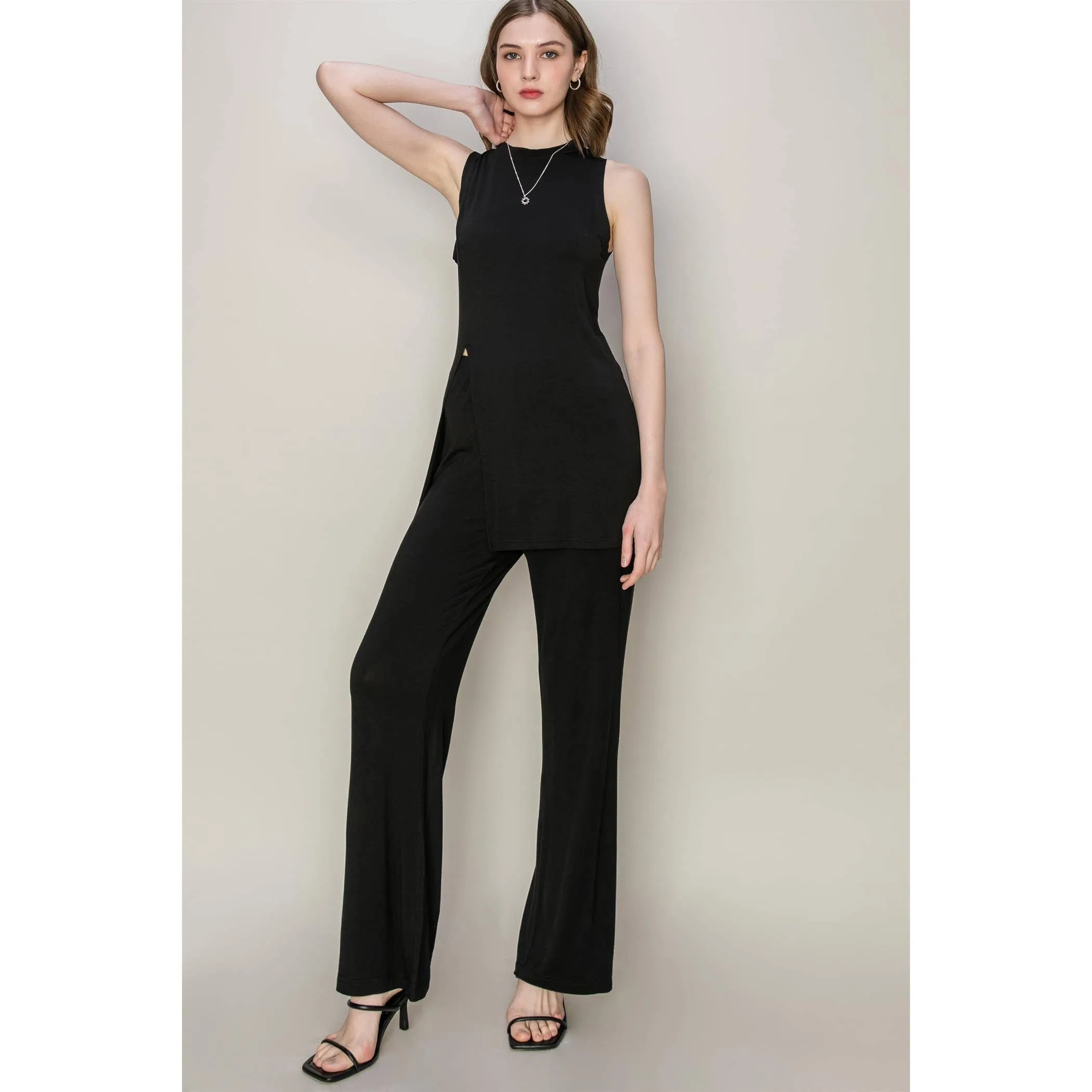 SET-JERSEY LONGLINE TOP AND PANTS SET: BLACK