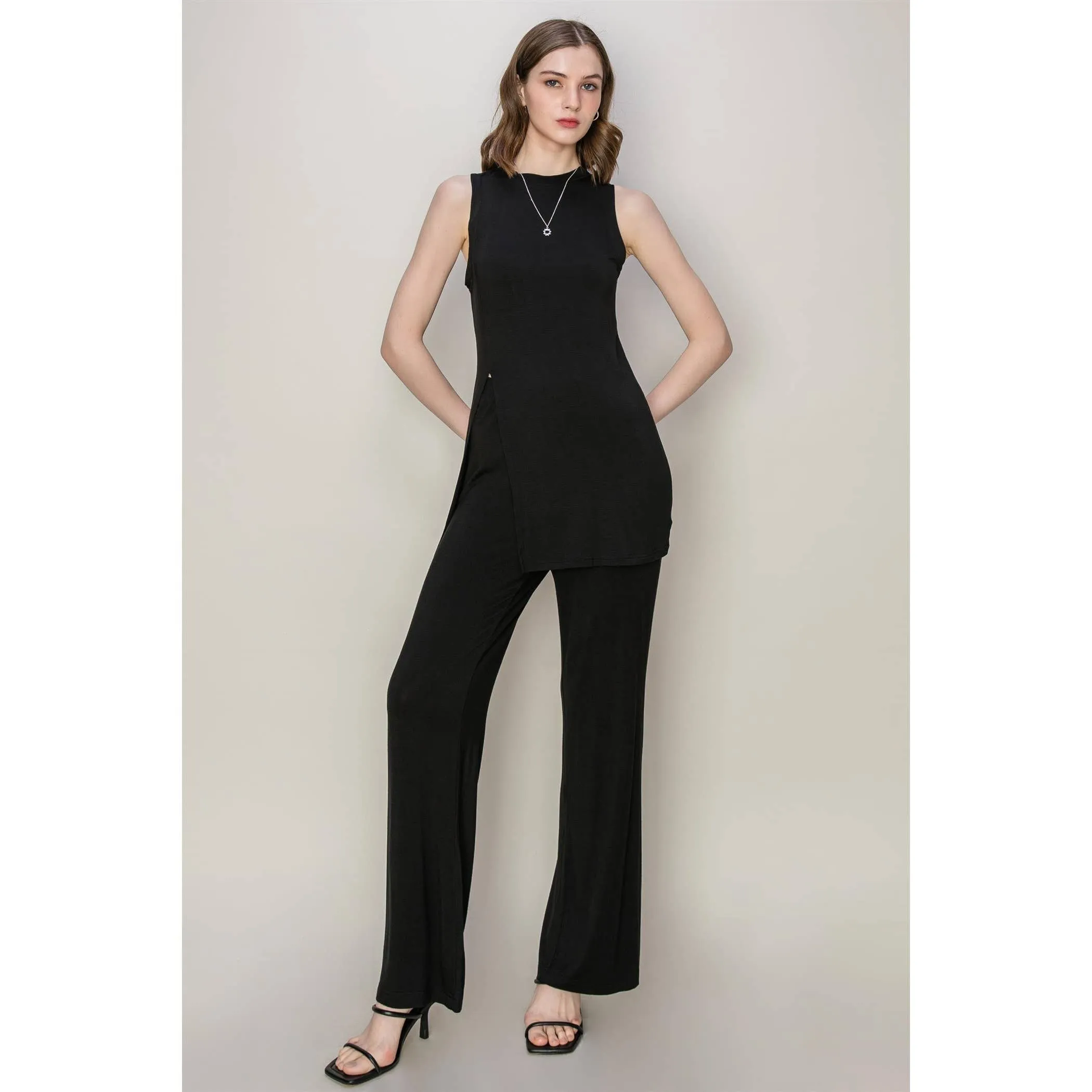 SET-JERSEY LONGLINE TOP AND PANTS SET: BLACK