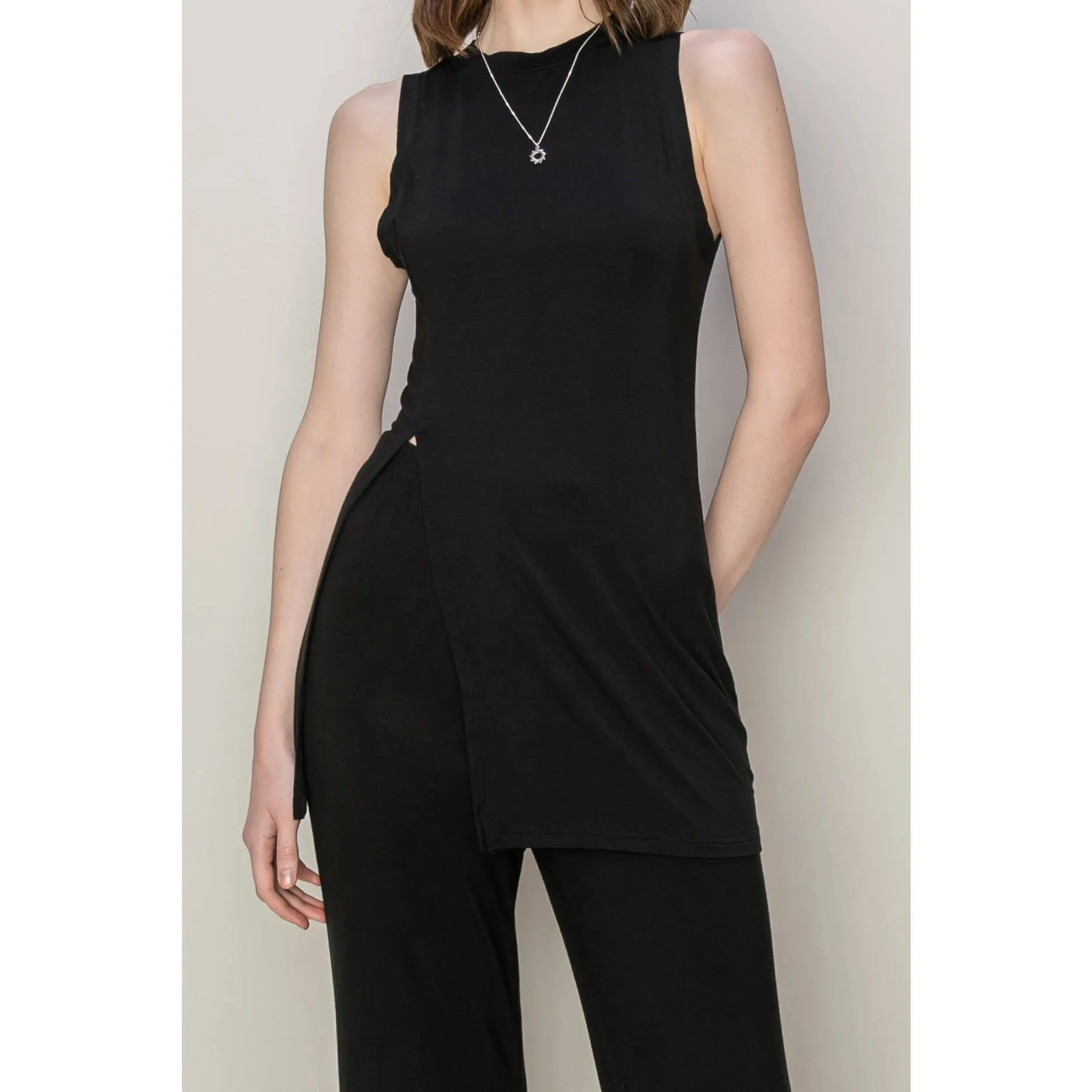 SET-JERSEY LONGLINE TOP AND PANTS SET: BLACK