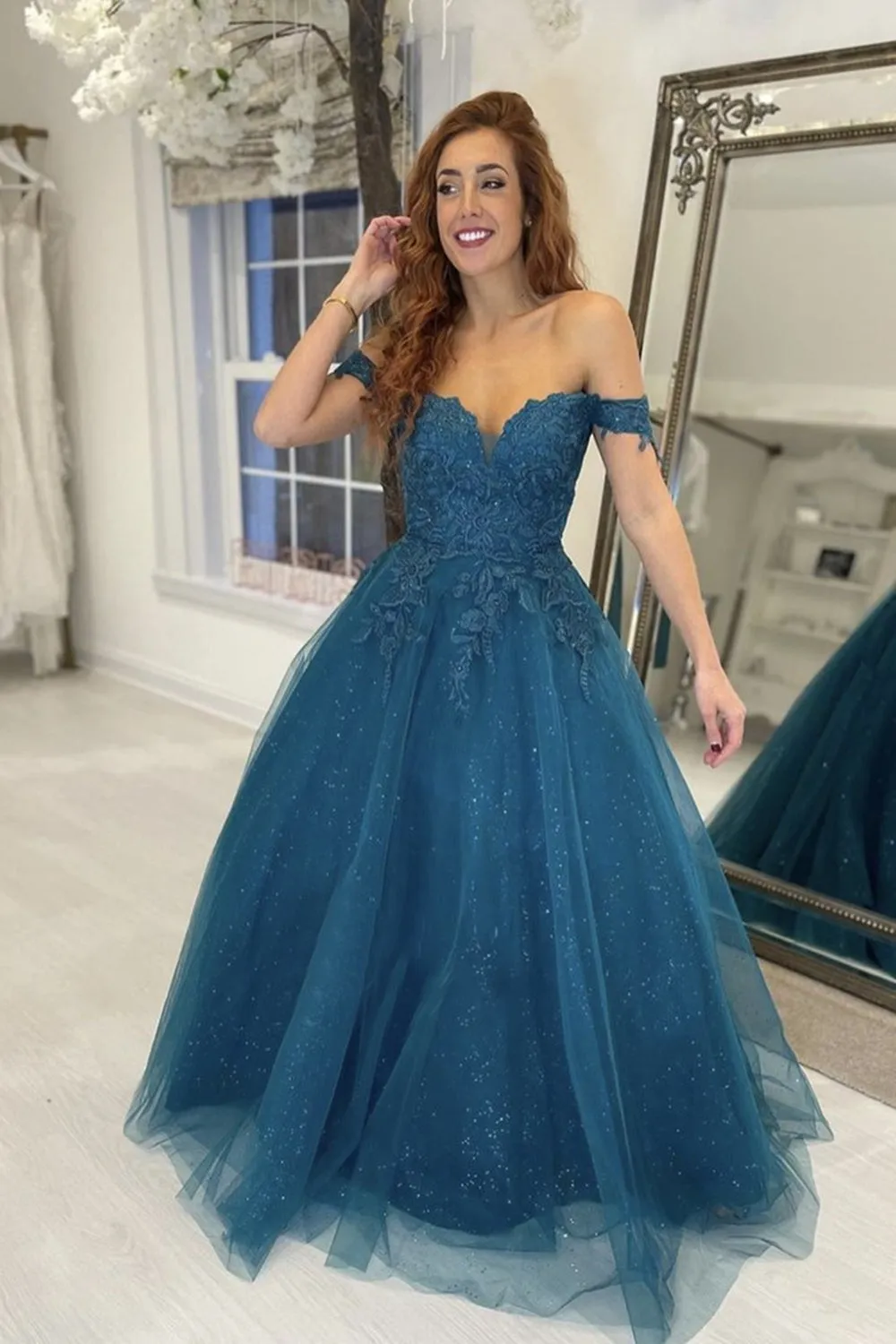 Shiny Off Shoulder Blue Lace Long Prom, Sparkly Blue Lace Formal Evening