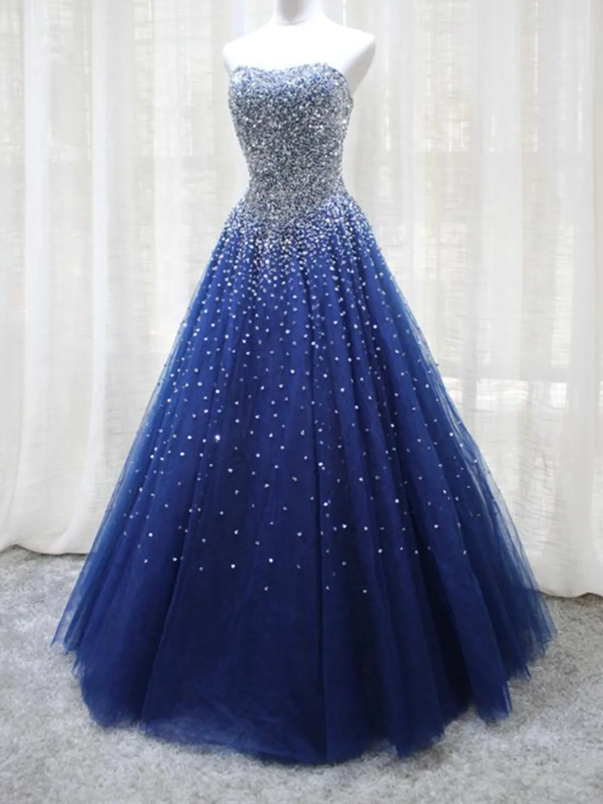 Shiny Sequins Strapless Blue Long Prom Dresses, Sparkly Blue Formal Evening Dresses, Blue Ball Gown