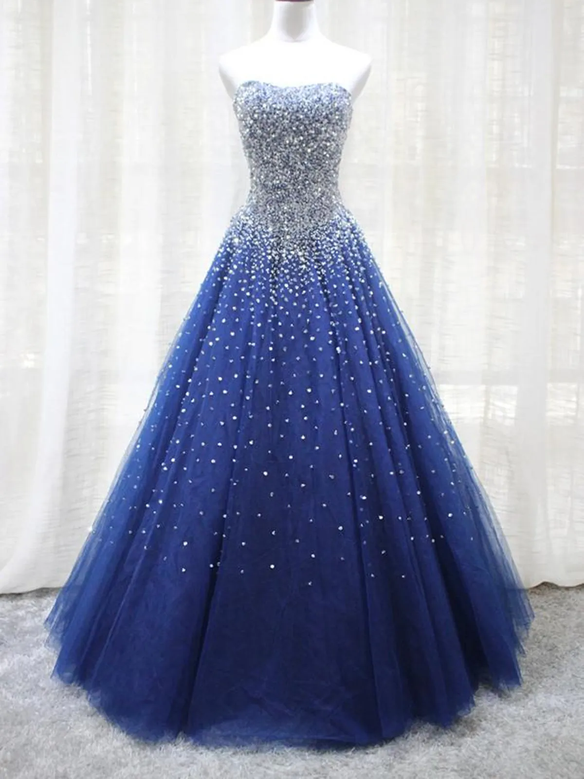 Shiny Sequins Strapless Blue Long Prom Dresses, Sparkly Blue Formal Evening Dresses, Blue Ball Gown