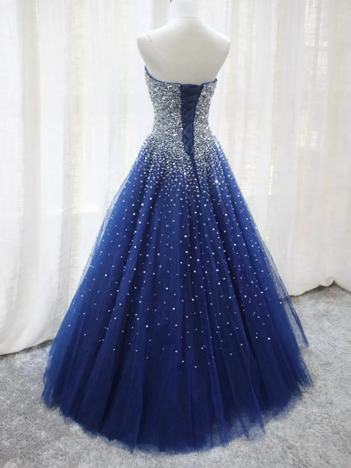 Shiny Sequins Strapless Blue Long Prom Dresses, Sparkly Blue Formal Evening Dresses, Blue Ball Gown