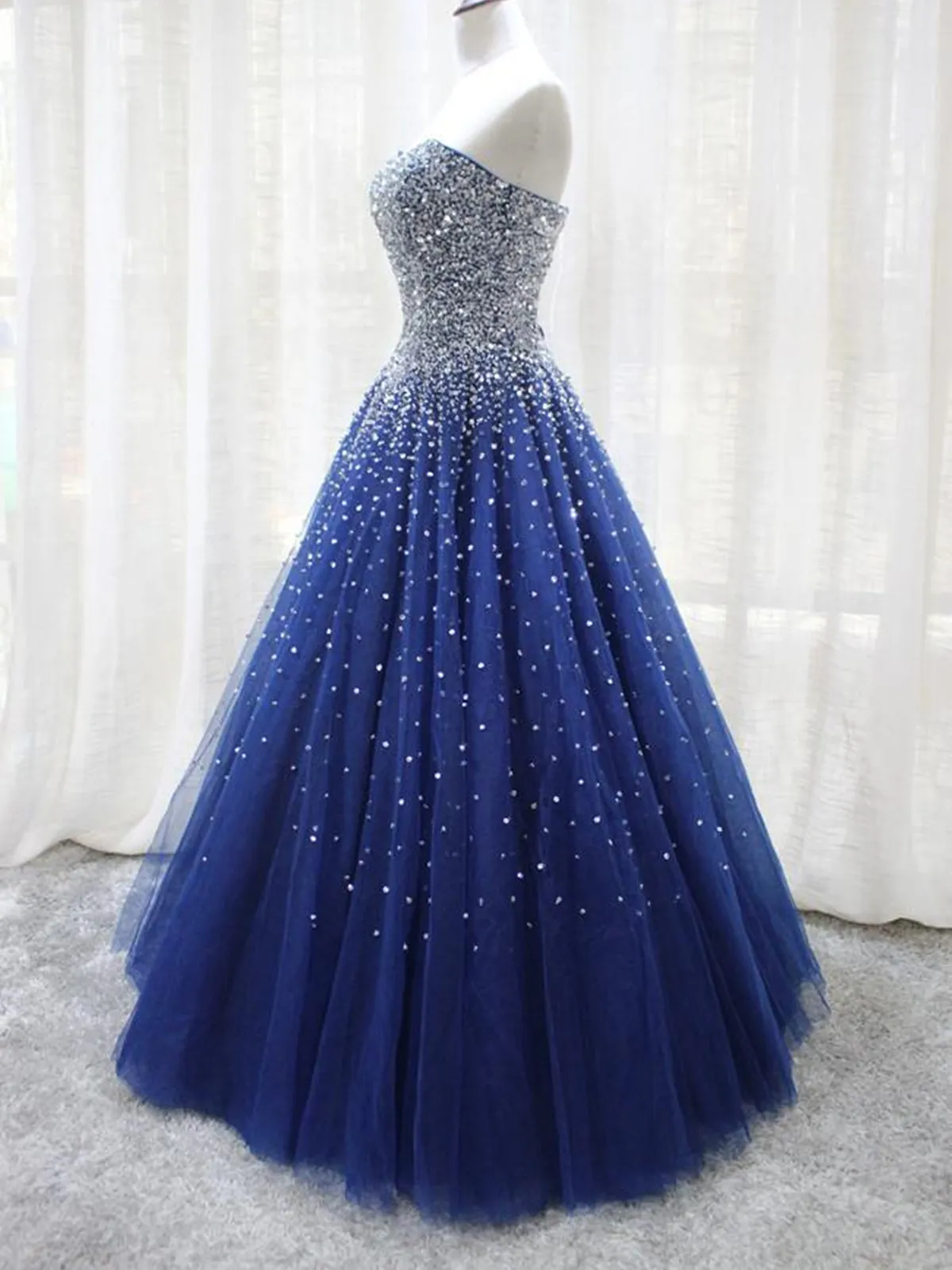 Shiny Sequins Strapless Blue Long Prom Dresses, Sparkly Blue Formal Evening Dresses, Blue Ball Gown