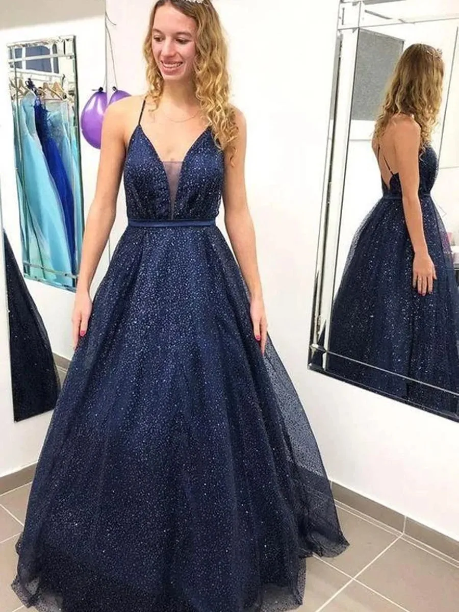 Shiny V Neck Backless Navy Blue Long Prom, Backless Navy Blue Formal, Sparkly Navy Blue Evening