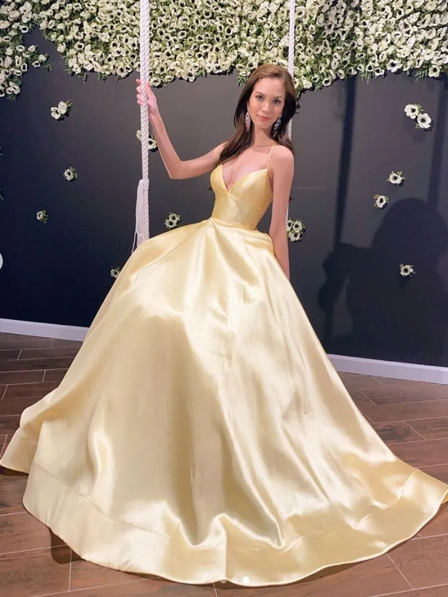 Simple A Line V Neck Backless Yellow Long Prom, Backless Yellow Formal, Yellow Evening