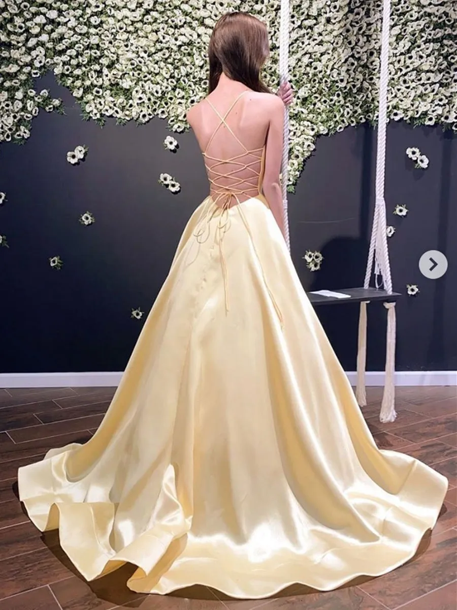 Simple A Line V Neck Backless Yellow Long Prom, Backless Yellow Formal, Yellow Evening