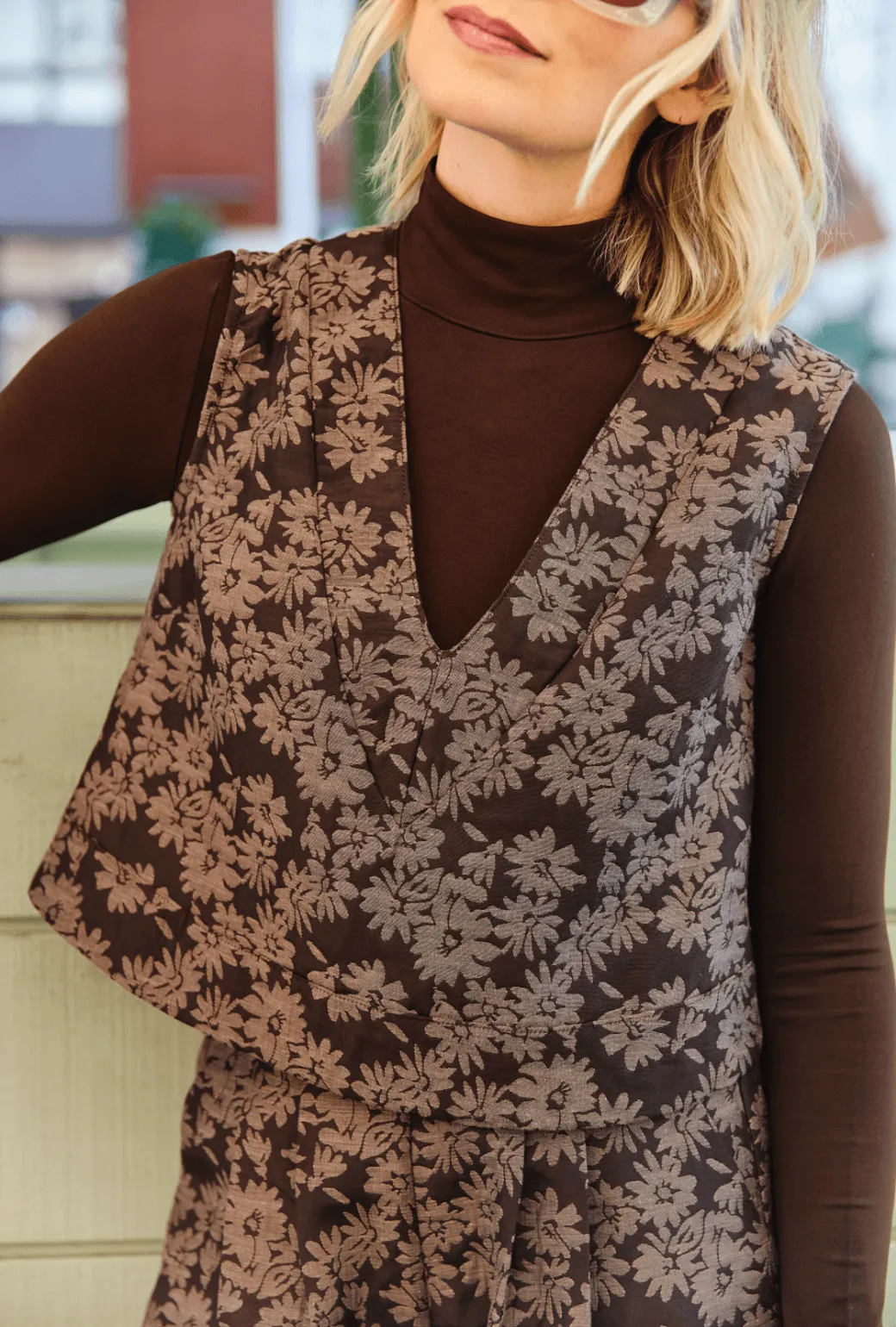 Sleeveless Deep V Mod Top - Chocolate Jacquard