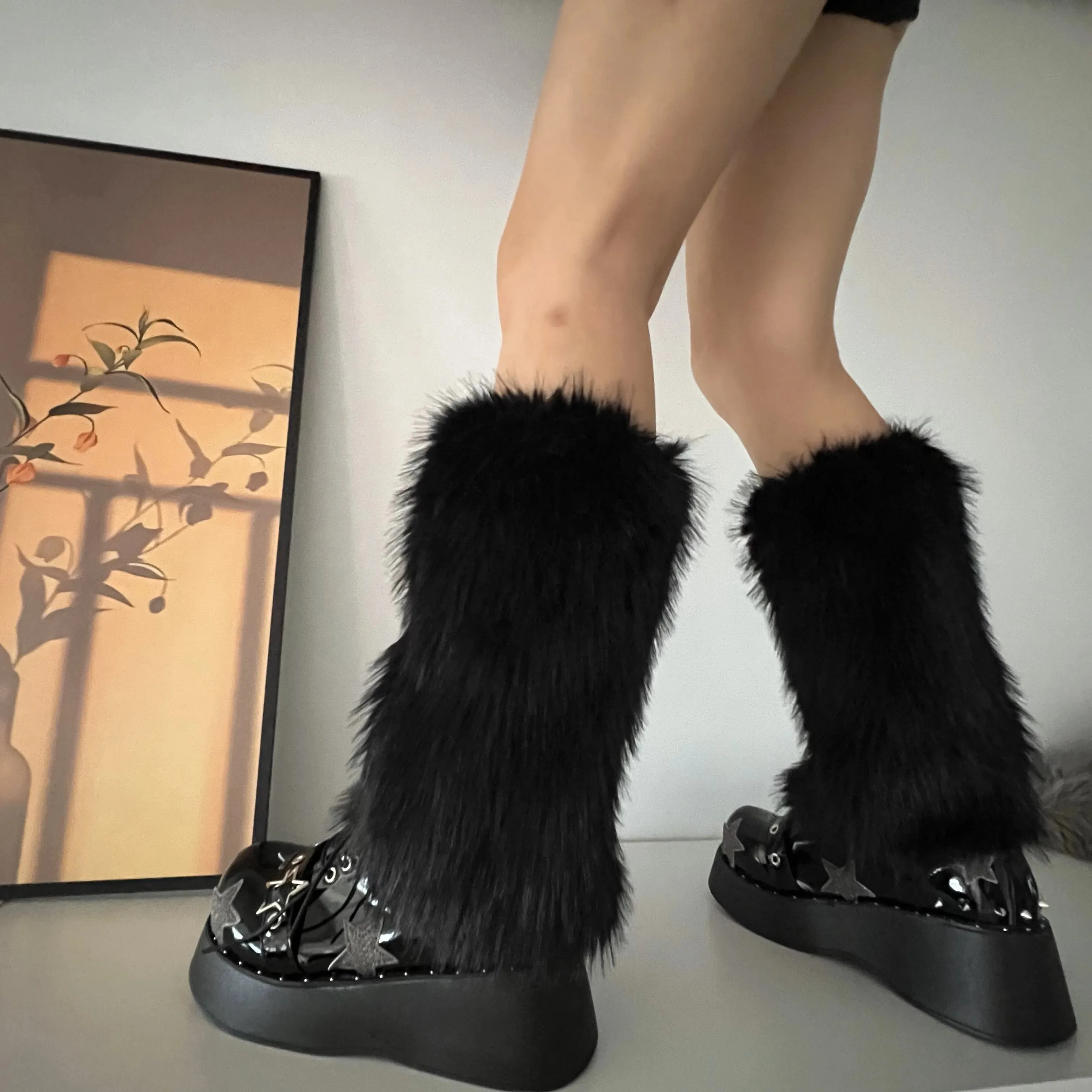 Sohiwoo Imitation Rabbit Hair Faux Fur Leg Warmers Sexy Plush Socks Gothic Leggings Boots Cover Harajuku Night Club Party Accessories