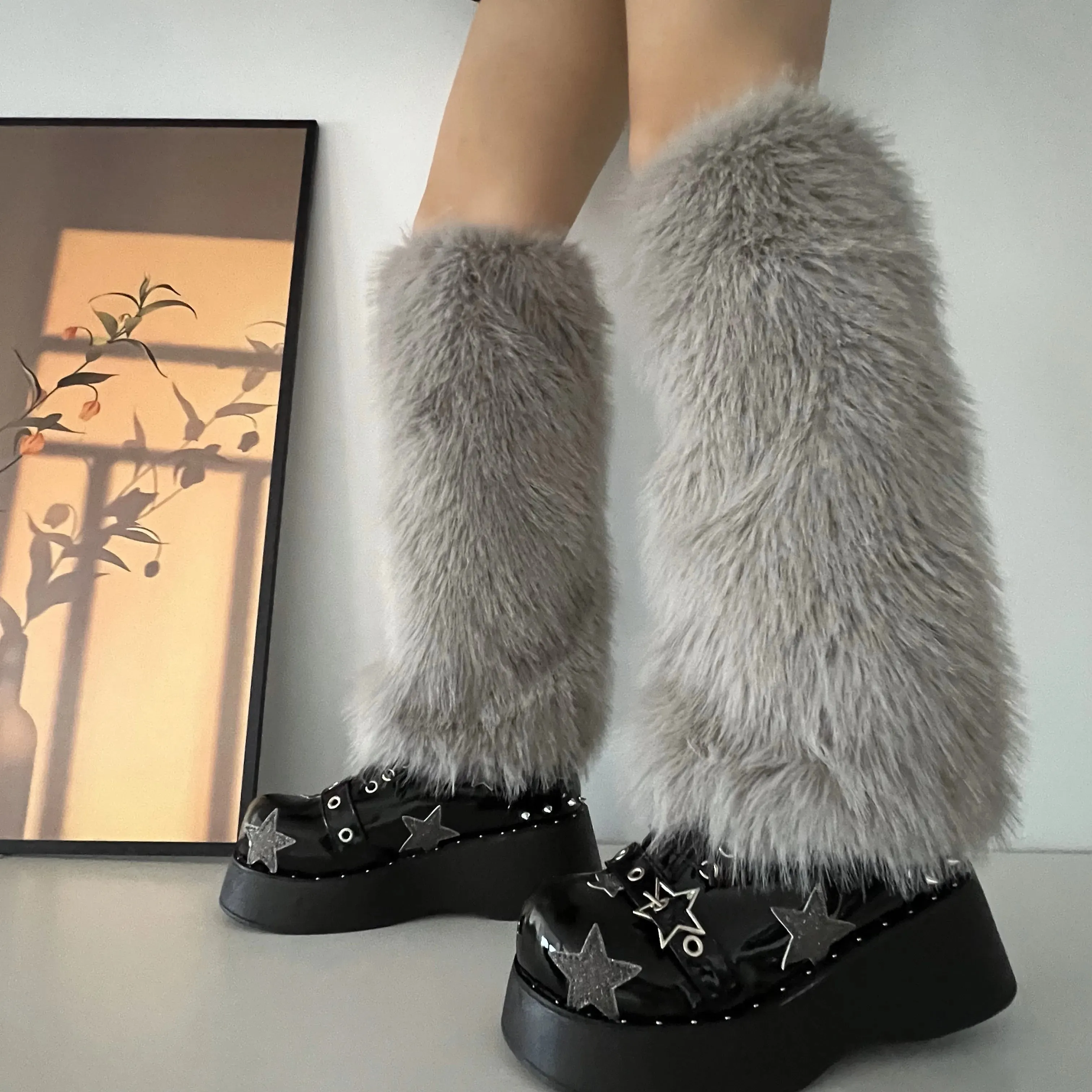 Sohiwoo Imitation Rabbit Hair Faux Fur Leg Warmers Sexy Plush Socks Gothic Leggings Boots Cover Harajuku Night Club Party Accessories