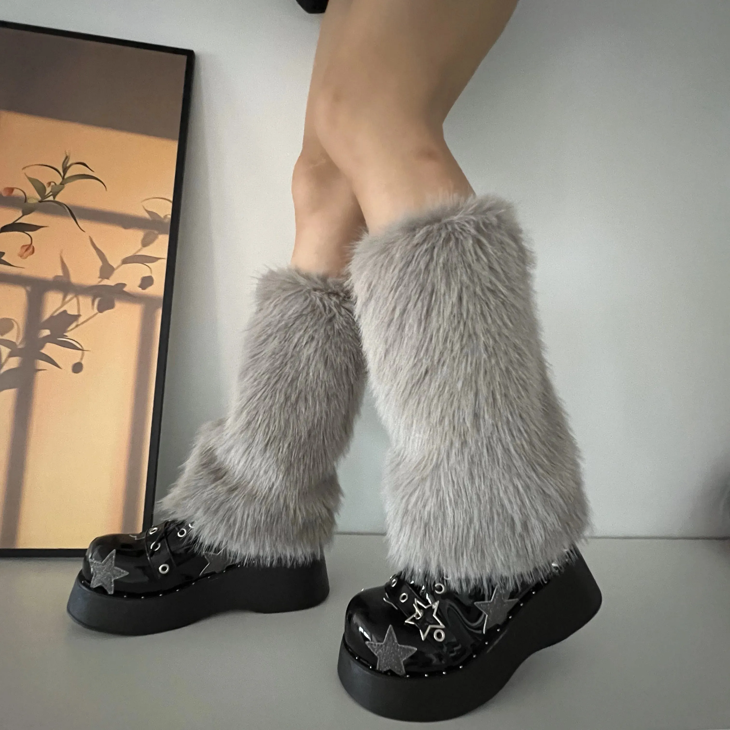 Sohiwoo Imitation Rabbit Hair Faux Fur Leg Warmers Sexy Plush Socks Gothic Leggings Boots Cover Harajuku Night Club Party Accessories