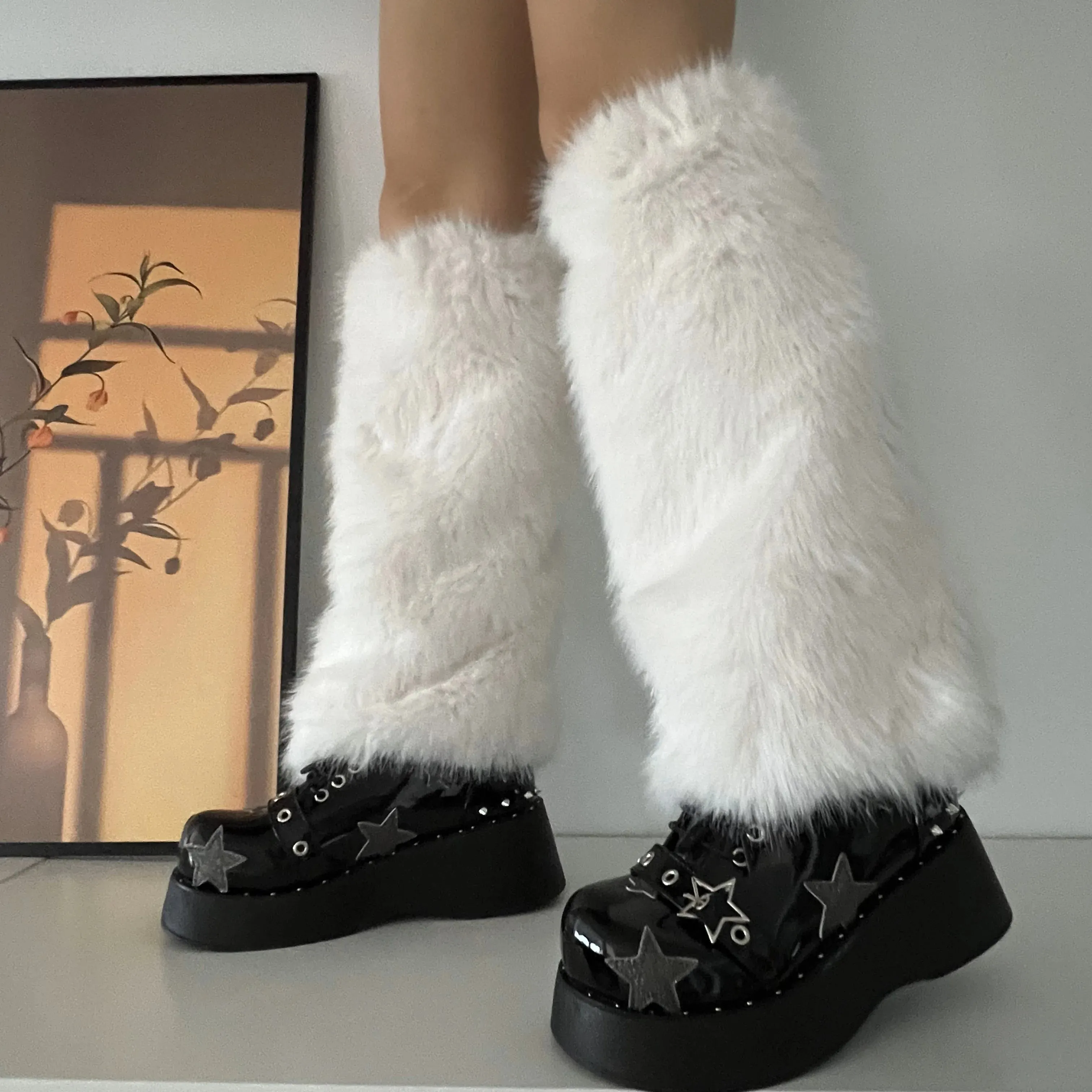 Sohiwoo Imitation Rabbit Hair Faux Fur Leg Warmers Sexy Plush Socks Gothic Leggings Boots Cover Harajuku Night Club Party Accessories