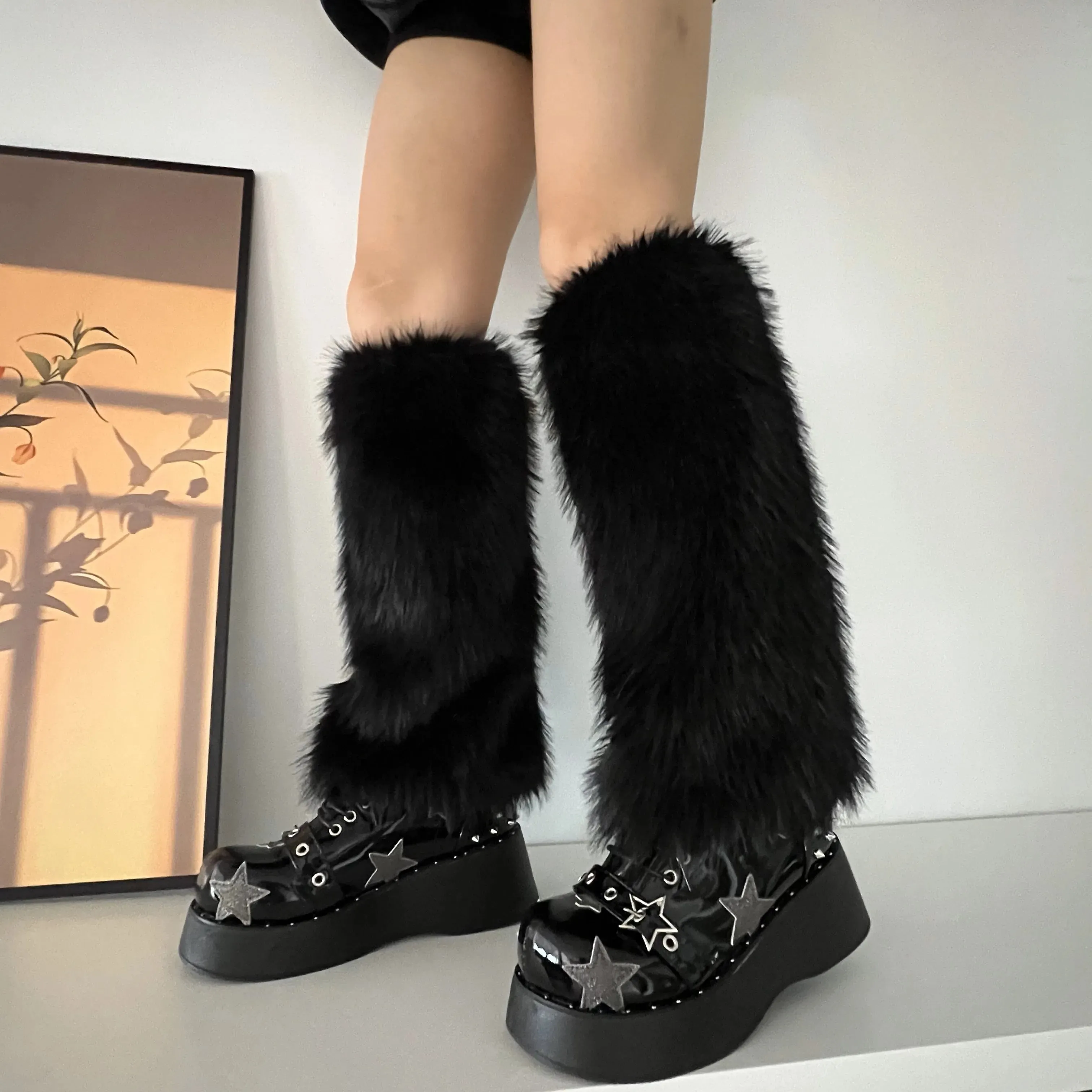 Sohiwoo Imitation Rabbit Hair Faux Fur Leg Warmers Sexy Plush Socks Gothic Leggings Boots Cover Harajuku Night Club Party Accessories